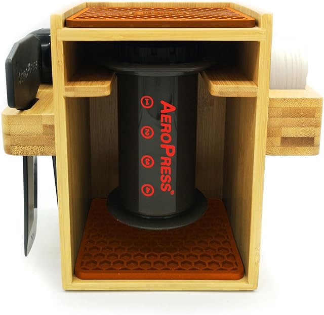 HEXNUB  Compact Organizer, Compatible with AeroPress, Caddy Station, Holds AeroPress Coffee Maker, Filters, Accessories, Silicone Dripper Mat, Compact, Keeps Area Clean and Orderly (Brown)