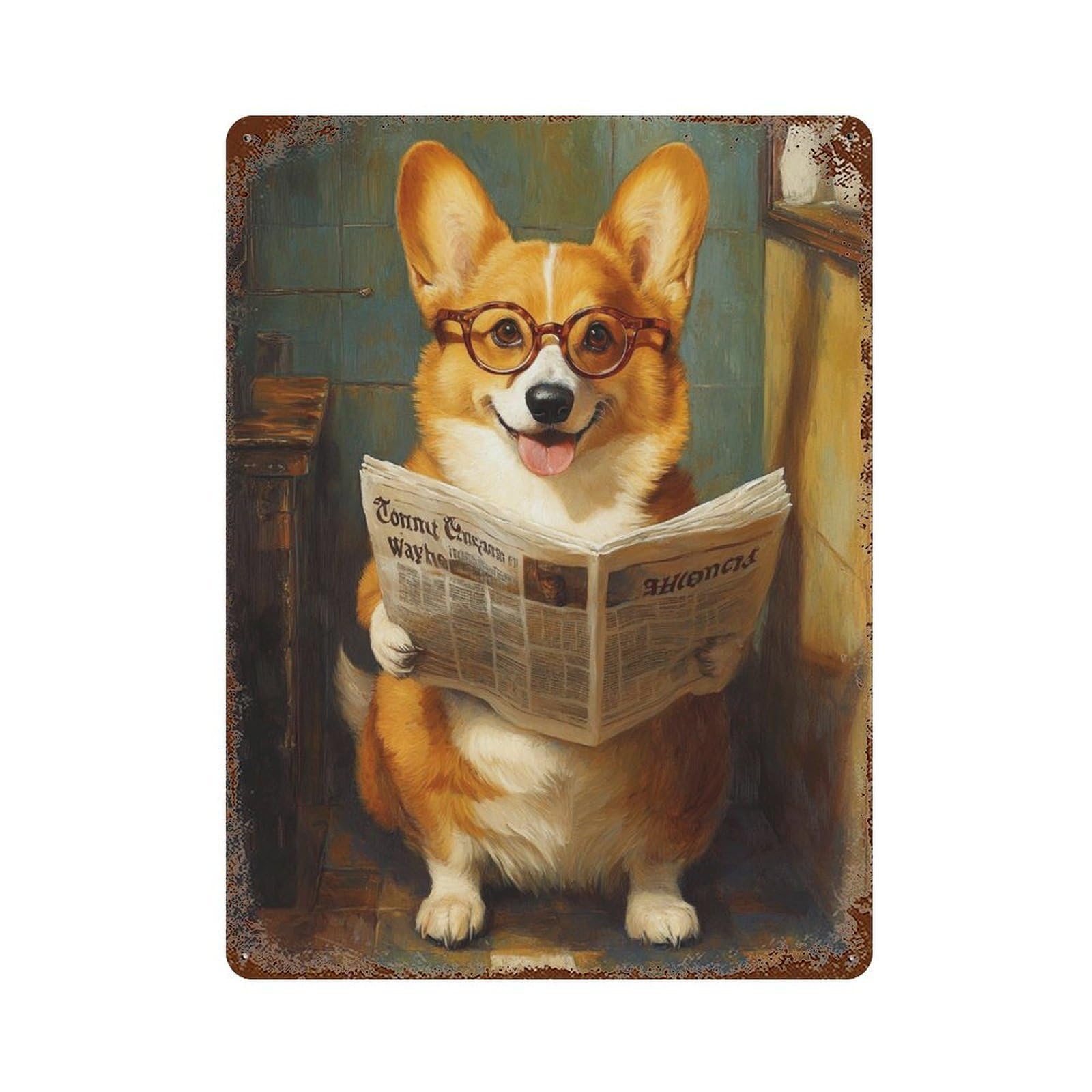 Corgi Reading Newspaper Vintage Rust Metal Sign 15.7"x11.8", Shabby Chic Decor for Shed, Workshop And Garage Wall Decor