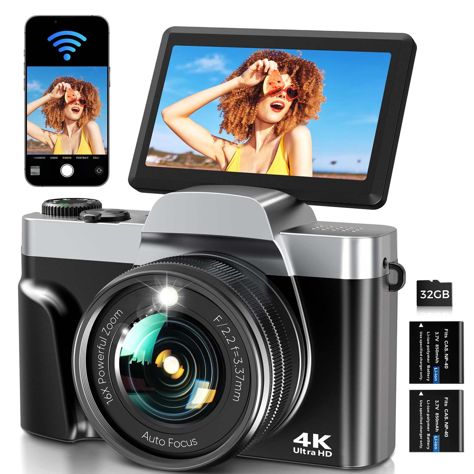 Appareil Photo Numérique avec WiFi 4K 64MP, WiFi Appareil Photo Compact avec Écran Rotatif 3” 180°, Zoom Numérique 16X, Autofocus, Flash, 2 Batteries & Carte 32GB, Idéal pour Adolescents, Débutants
