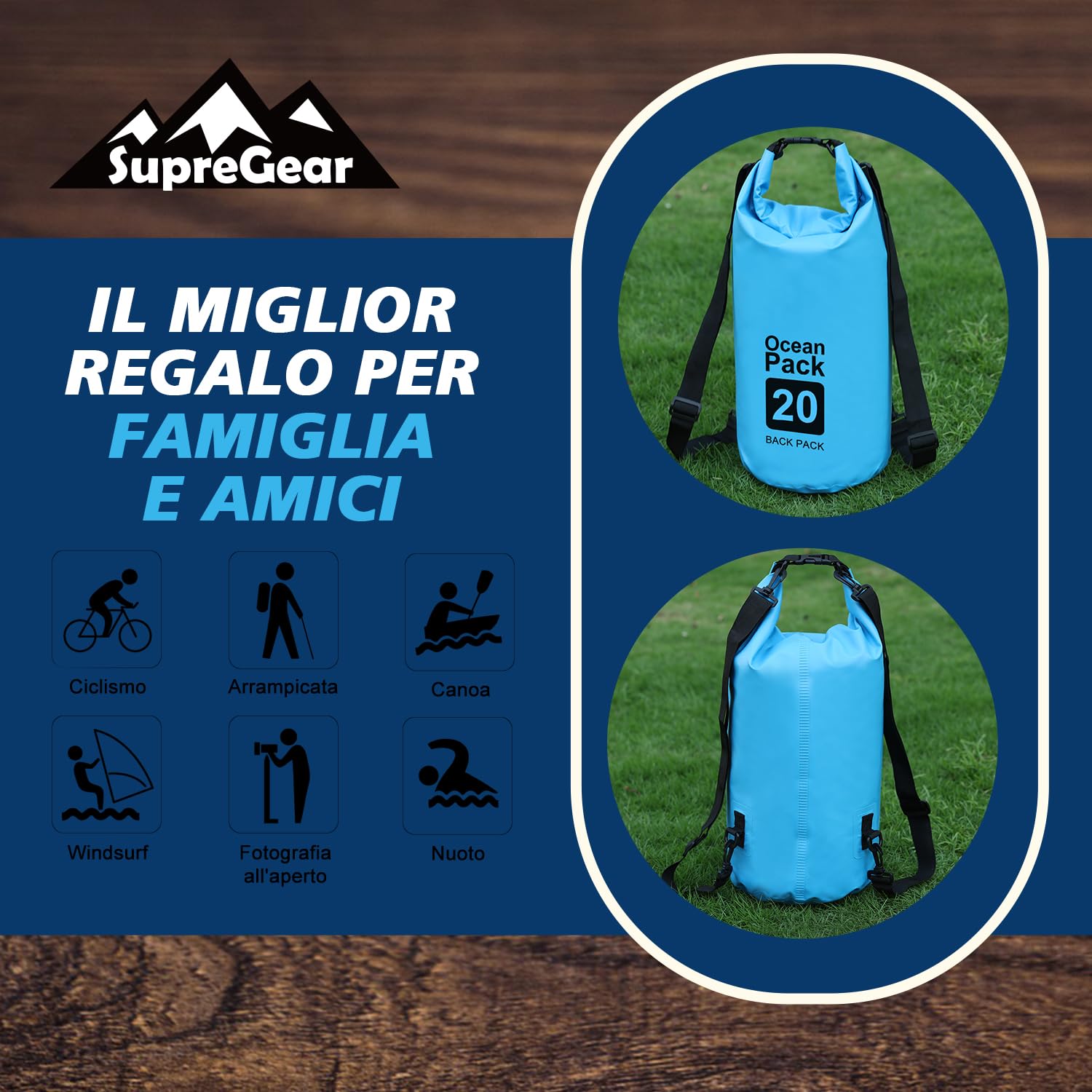 supregear Dry Bag, 20L Borsa Impermeabile, Resistente All'acqua, Zaino Versatile con Doppia Tracolla per Barche, Escursioni, Kayak, Pesca, Campeggio e Altre Avventure All'aperto, Blu