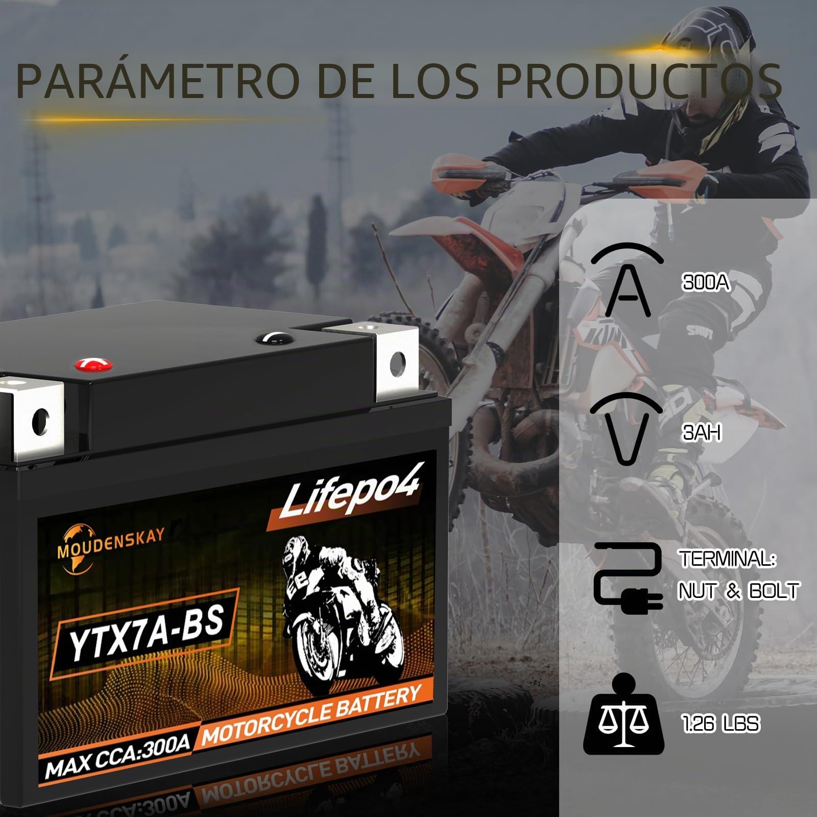 Batería de litio para motocicleta, 12 V, batería de litio Powersports con BMS (YTX7A-BS 12,8 V, 3 Ah, 300 A), batería de arranque LiFePO4 para motocicletas, ATV, UTV, barcos, etc