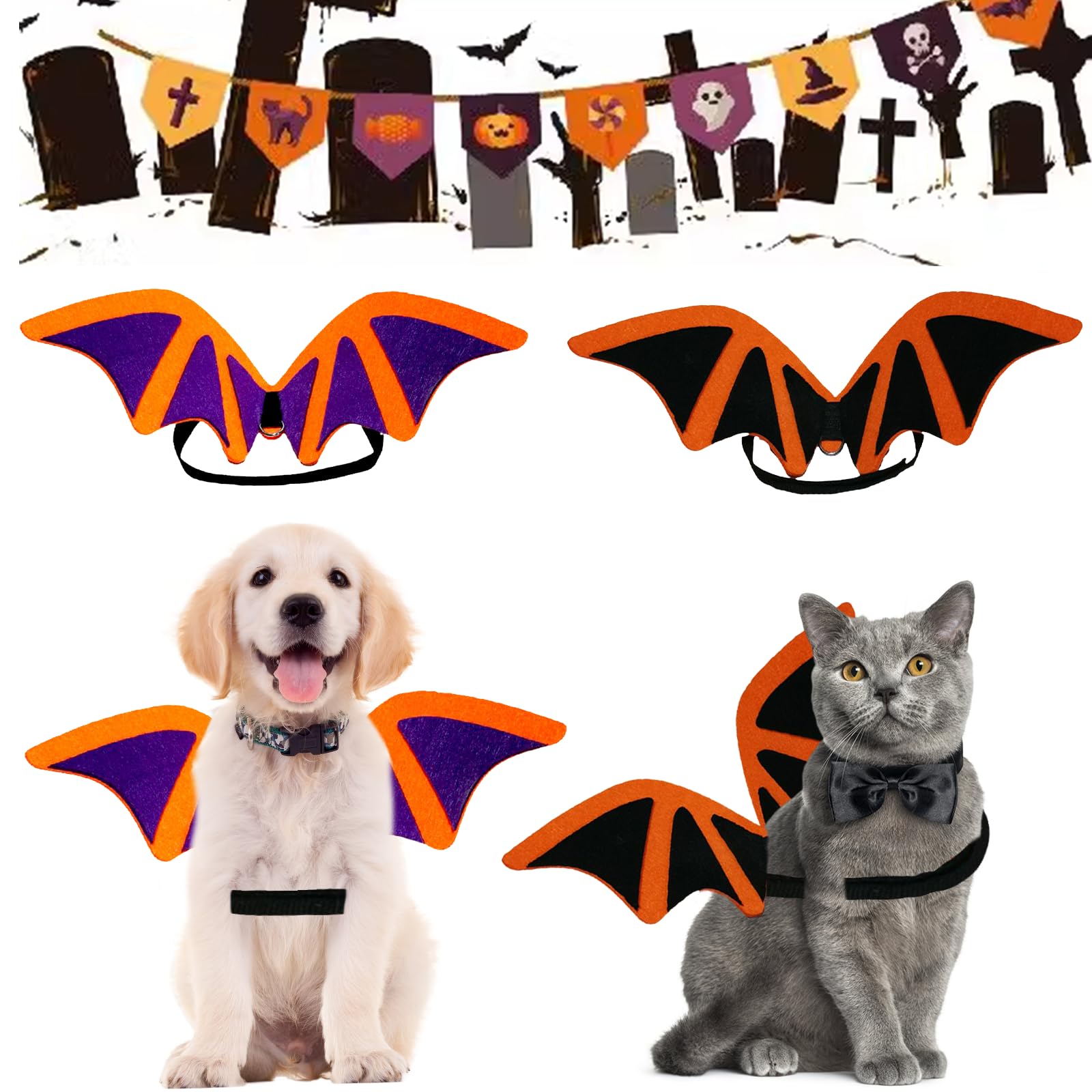 Alas de Disfraz de Murciélago para Perro, 2 Piezas Disfraz de Juego para Mascotas, Disfraz de Perro Gato, Disfraz de Animal Alado de Halloween, Tamaño de Cuello 38,5-54,5 cm
