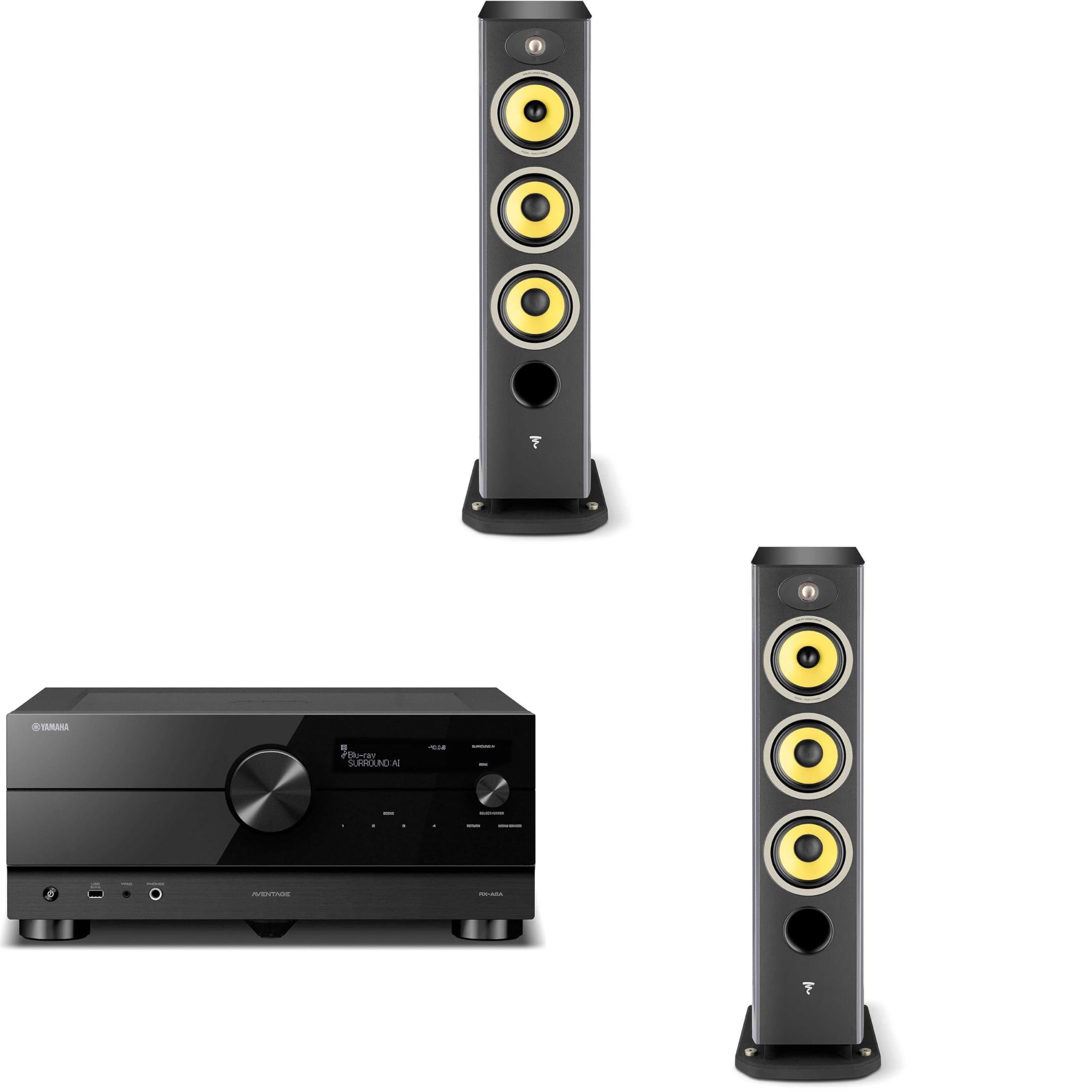 Focal Aria K2 926 Ash Grey (Limited Edition) 3-Way Floorstanding Audiophile Tower Speaker - Pair, with AVENTAGE RX-A6A 9.2-Channel Home Theater Receiver with Dolby Atmos®, Wi-Fi®, Bluetooth®, and