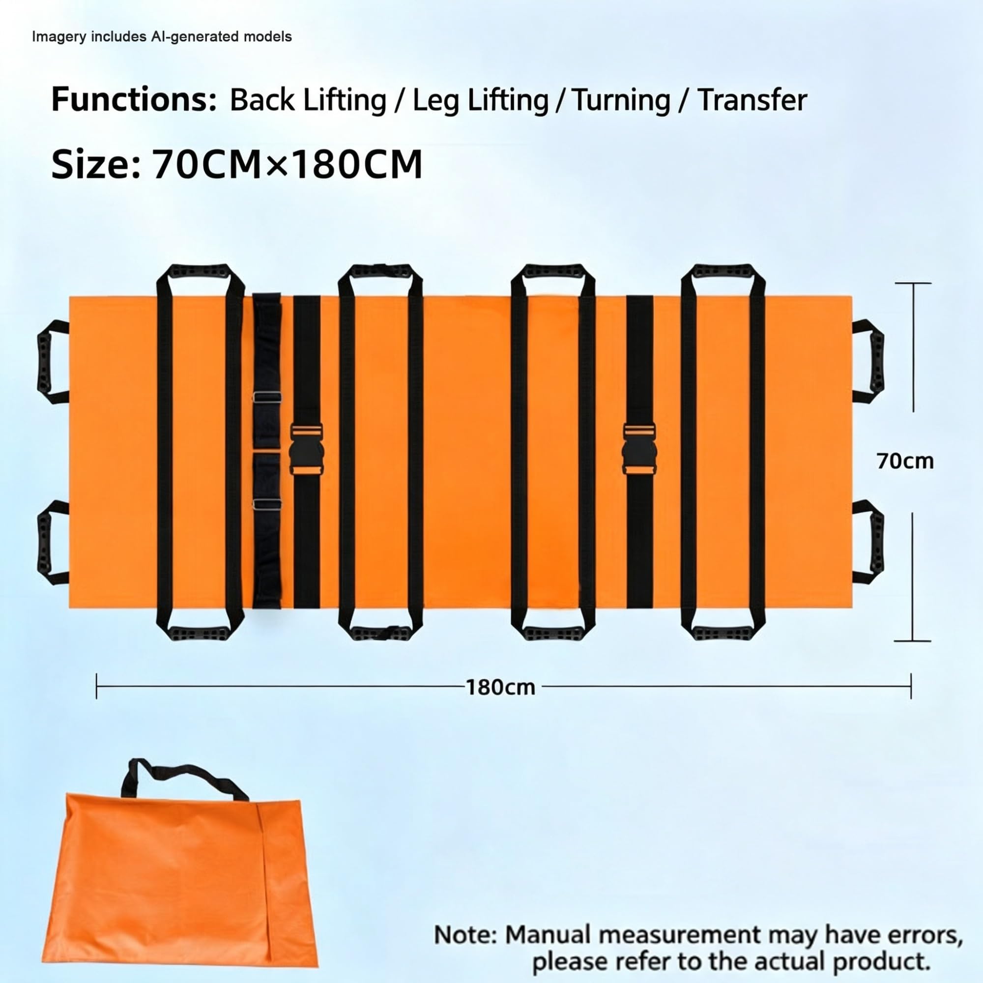 Sábana Deslizante para Transferencia de Ancianos 70x27'', 12 asas antideslizantes, bolsa de transporte. Capacidad 400 lb, impermeable, lavable, Ideal para cuidadores y ayuda familiar.(Orange 2pcs)