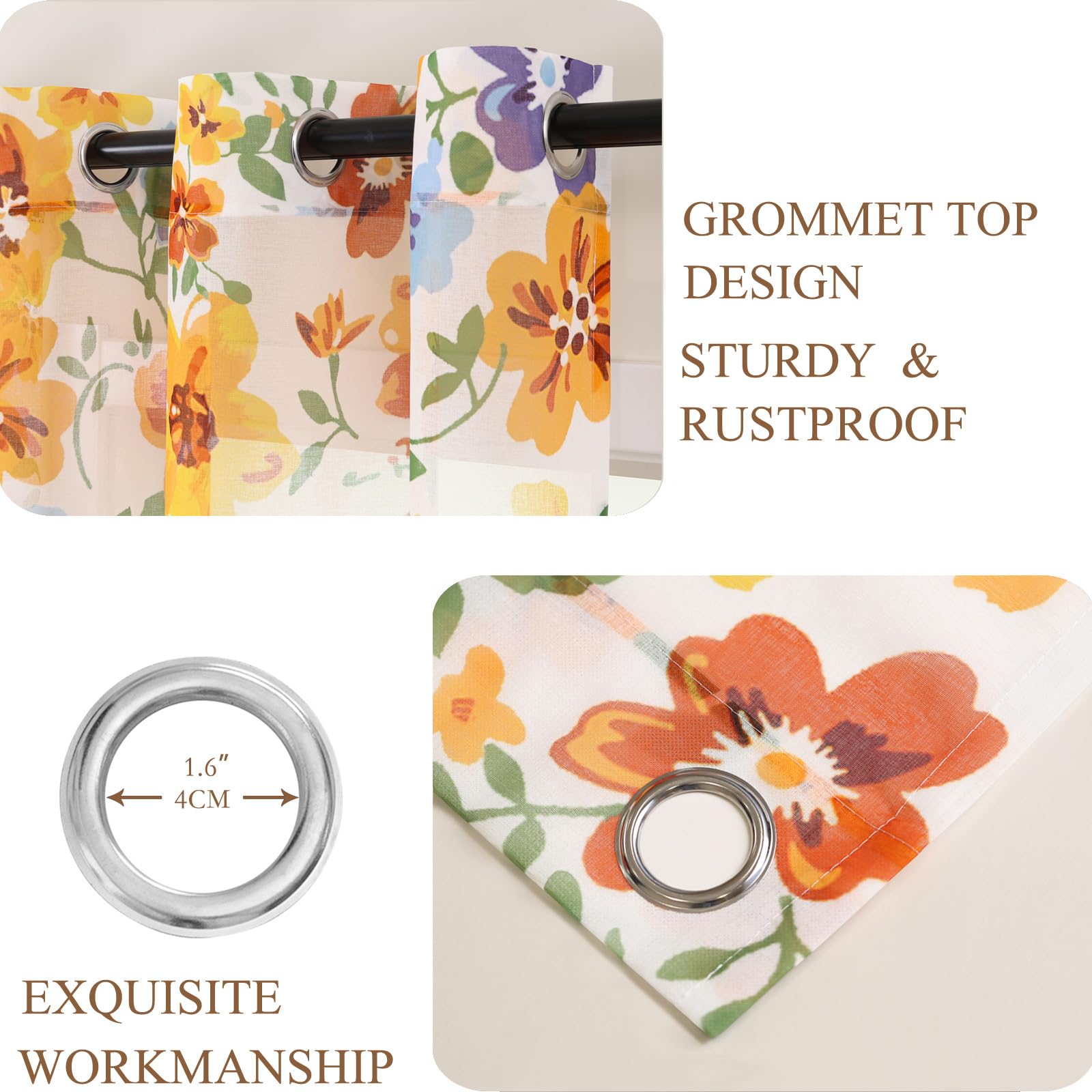 L.Z.E Lot de 2 Rideaux Transparents à œillets pour Salon - Motif Floral - Aspect Lin - 245 cm de Long - Orange et Bleu