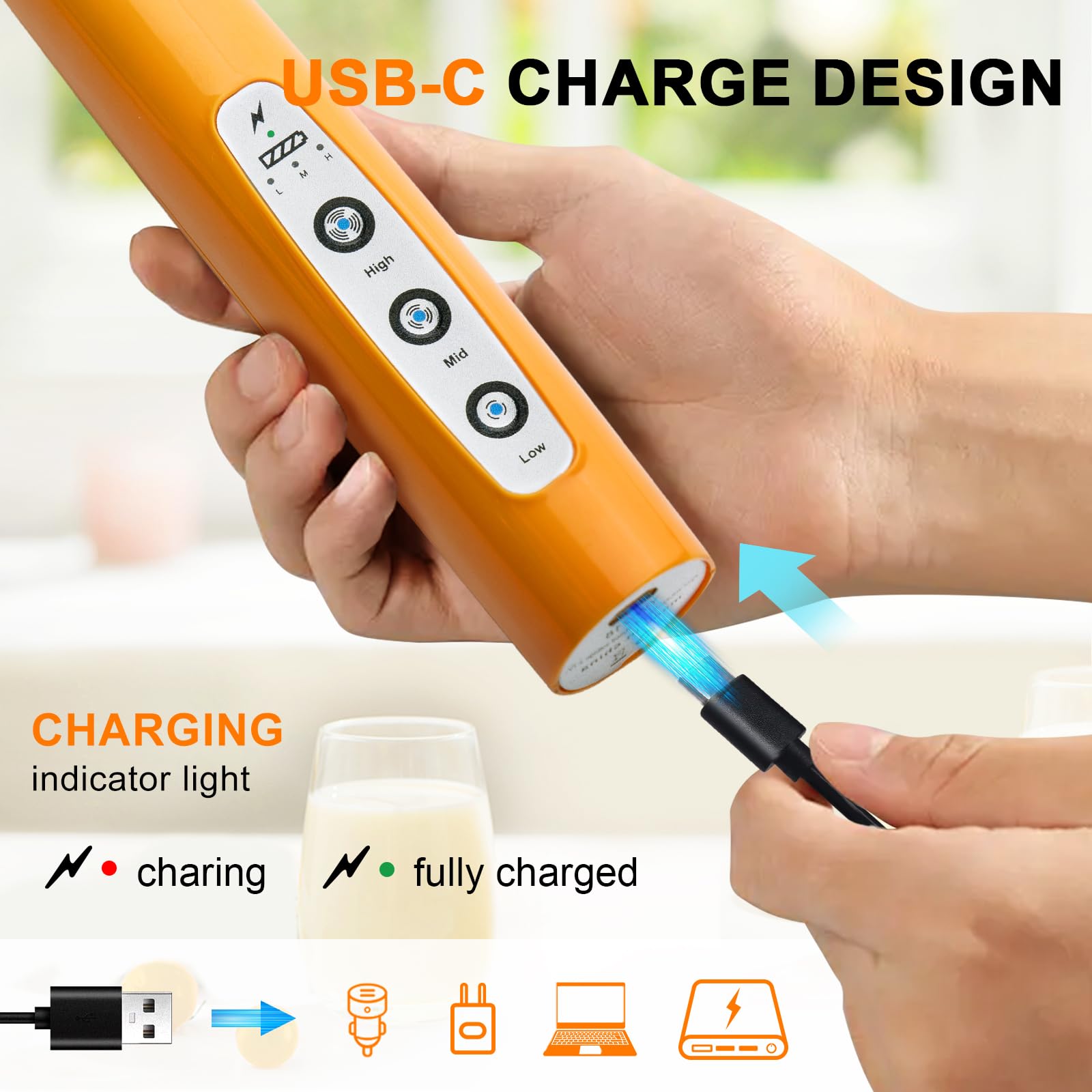 YUSWKO Mousseur à lait portable pour café, mélangeur de boisson rechargeable avec 3 têtes et 3 vitesses - Fouet électrique pour latte, cappuccino, chocolat chaud, œuf - citrouille