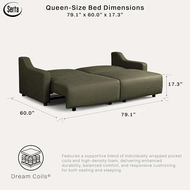 Serta Glendale 90.2" Queen Size Wall-Hugging Convertible Sofa, Dreamcoil Comfort, Vegan Suede Fabric, Olive image 6