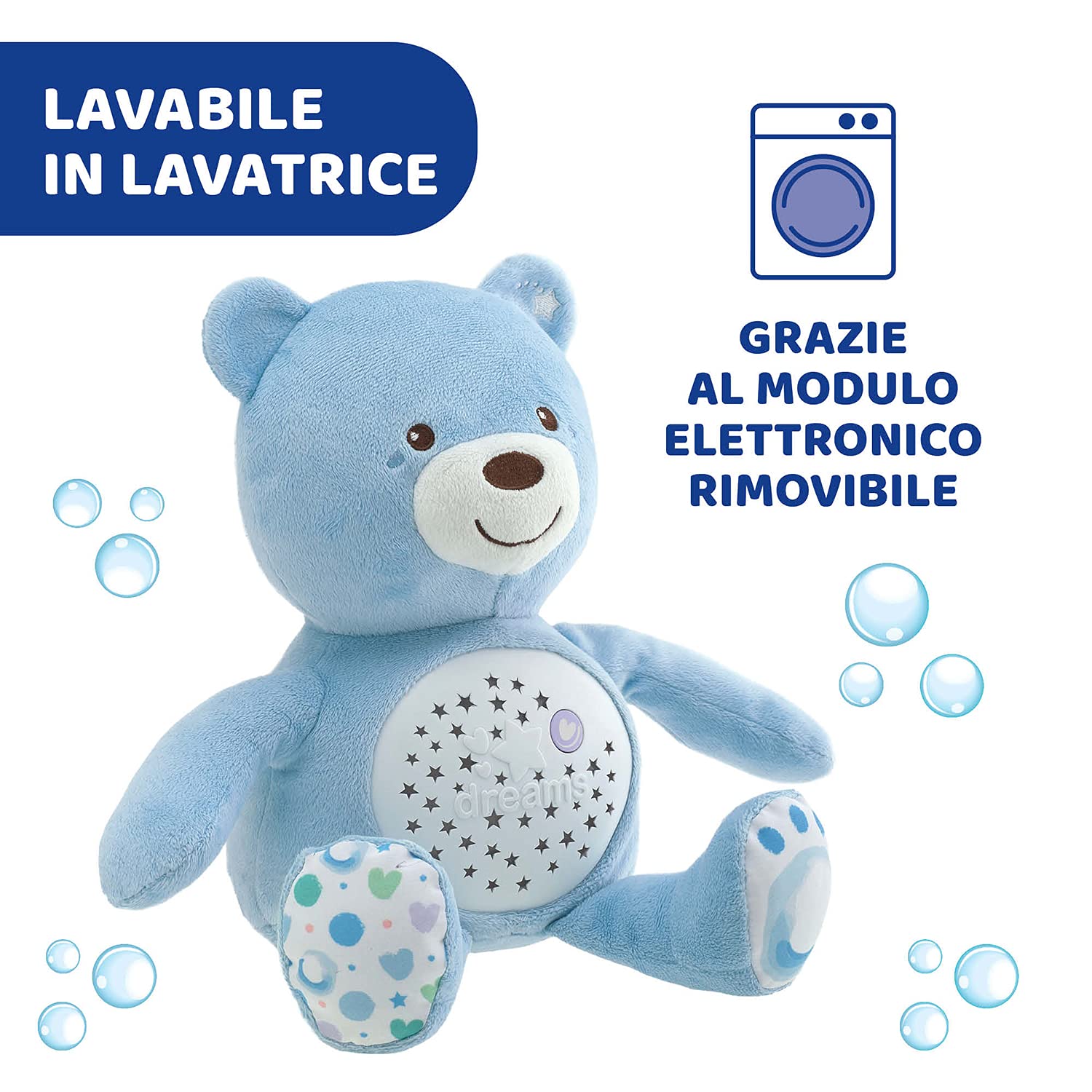 Chicco First Dreams Orsacchiotto Peluche Baby Bear, Soffice Pupazzo Proiettore con Luce Notturna Bambini, Effetti Luminosi e Rilassanti Melodie, Azzurro - Giochi Neonato 0 Mesi +