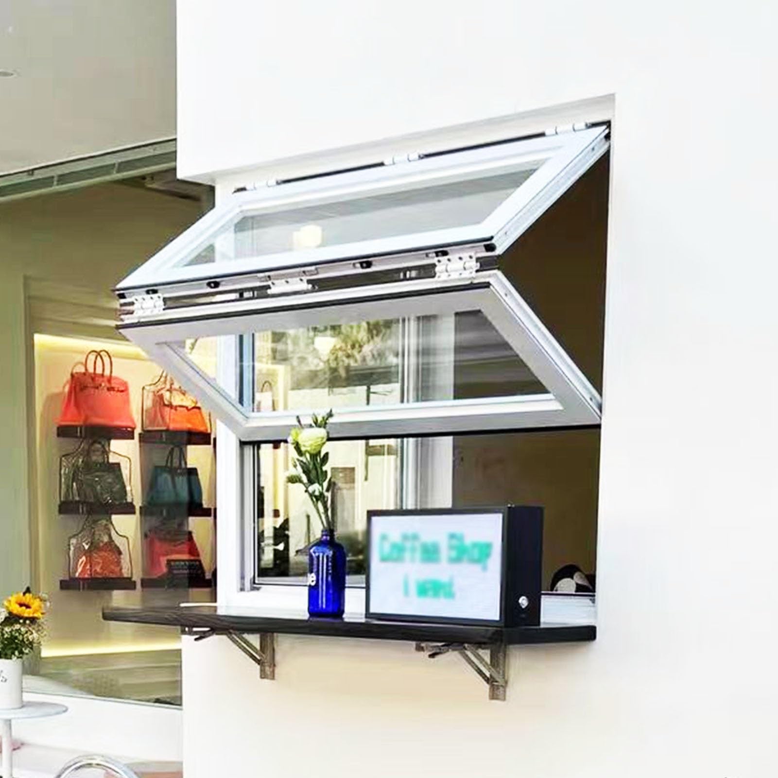 Ventanas Aluminio Ventanilla Abatible Superior e Inferior con Cristal Reforzado y Cerradura, Ventanilla de Servicio para Camiones de Comida, Hasta 85 Grados Ventanilla Corredera Ventanilla de Doble Ho