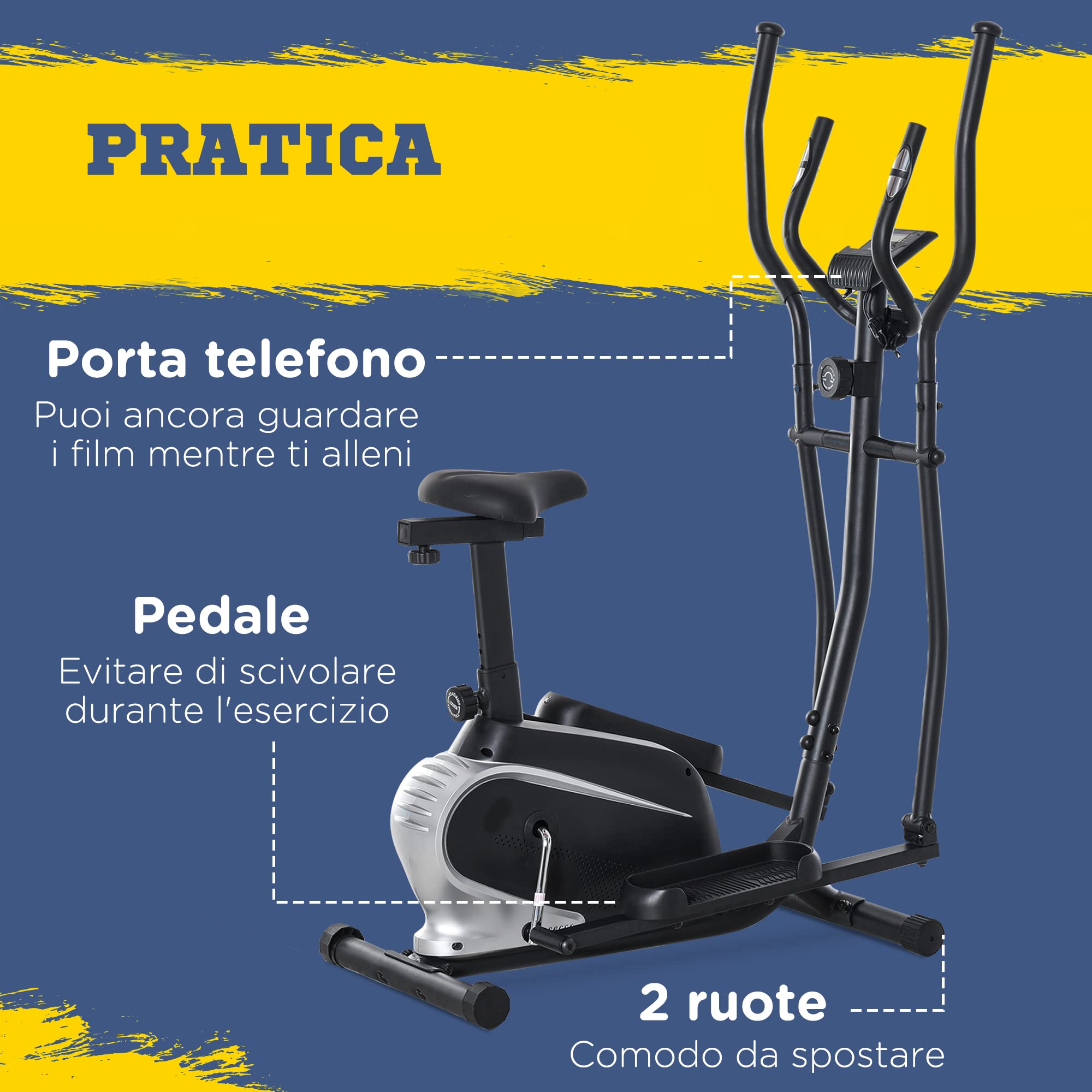 HOMCOM Ellittica da Casa Magnetica con Schermo LCD 103x62x151cm Nero | 8 Livelli di Resistenza, Sedile Regolabile