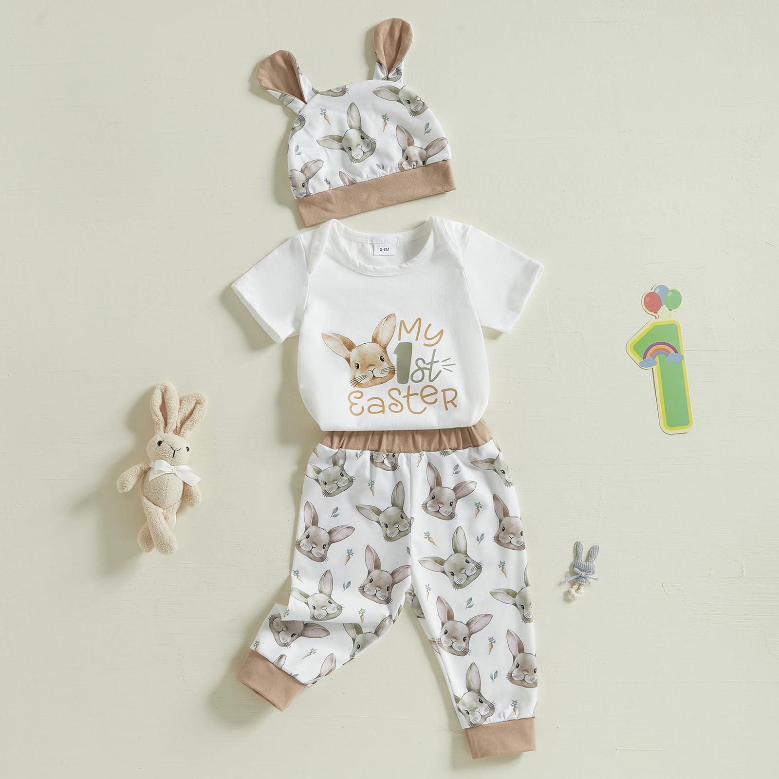 Thilsidee Newborn Baby Boy Girl Easter Day Clothes Set Short Sleeve Rabbit Romper Long Pants Hat My First Easter Outfits (H-Khaki, 0-3 Months)