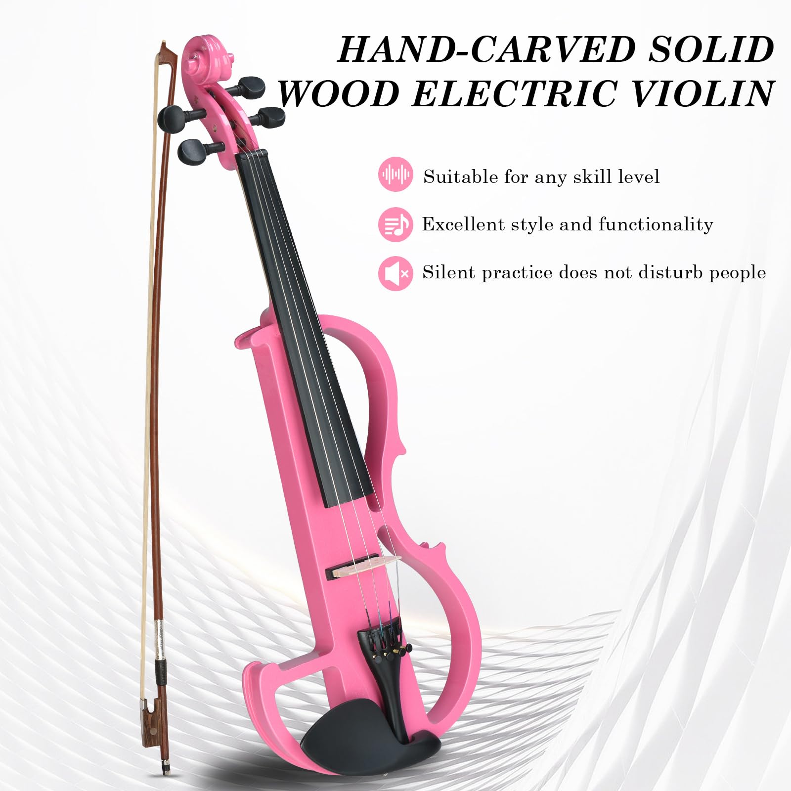 Ktaxon Full Size Electric Violin, 4/4 Acoustic Silent Electric Violin for Beginner Adults Teens with Ebony Fittings, Case, Bow, Headphone, Rosin and Extra String (Pink)