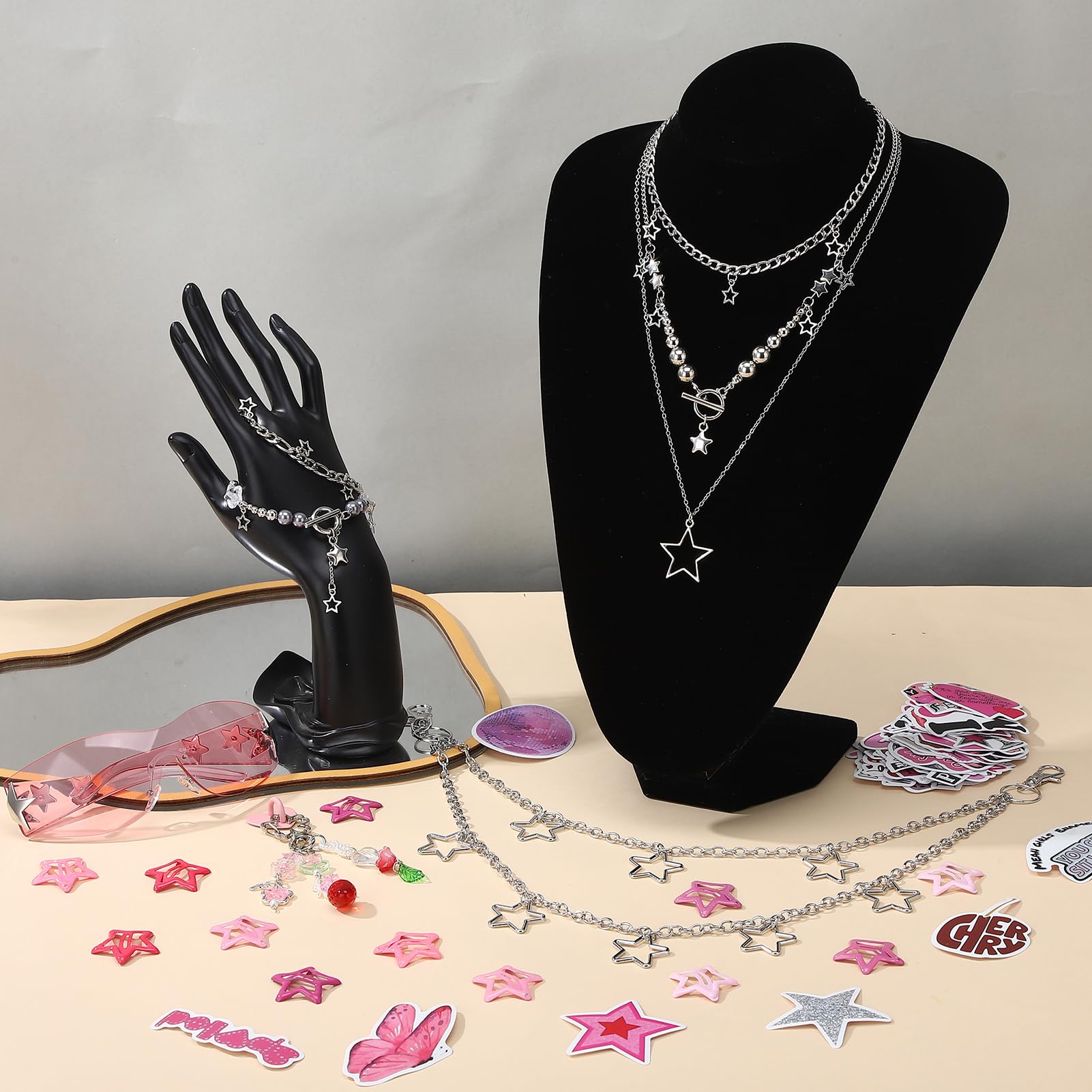 Y2k Accessories Set Included Star Y2k Silver Necklace Grunge Layered Necklace Y2K Sunglasses Star Hair Clip Y2k Silver Hair Clips Keychain Hip Hop Pants Chain Vintage Jewelry Set for Women: Cute Style