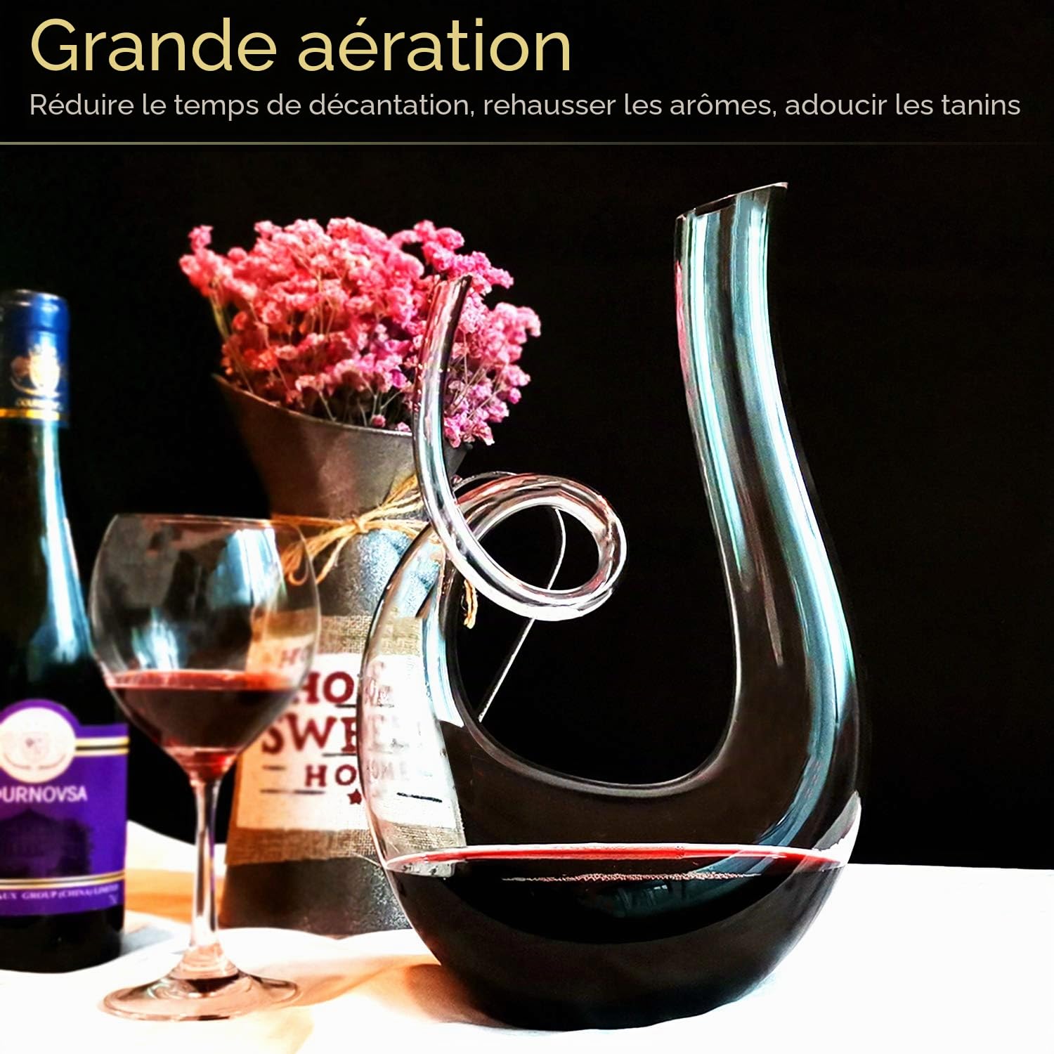 Carafe à Vin de Nutriups Carafes en Verre Cristal 1.7L Aérateur de Vin Rouge Carafe à Reniflard à Vin Soufflé à la Main Avec Brosse de Nettoyage