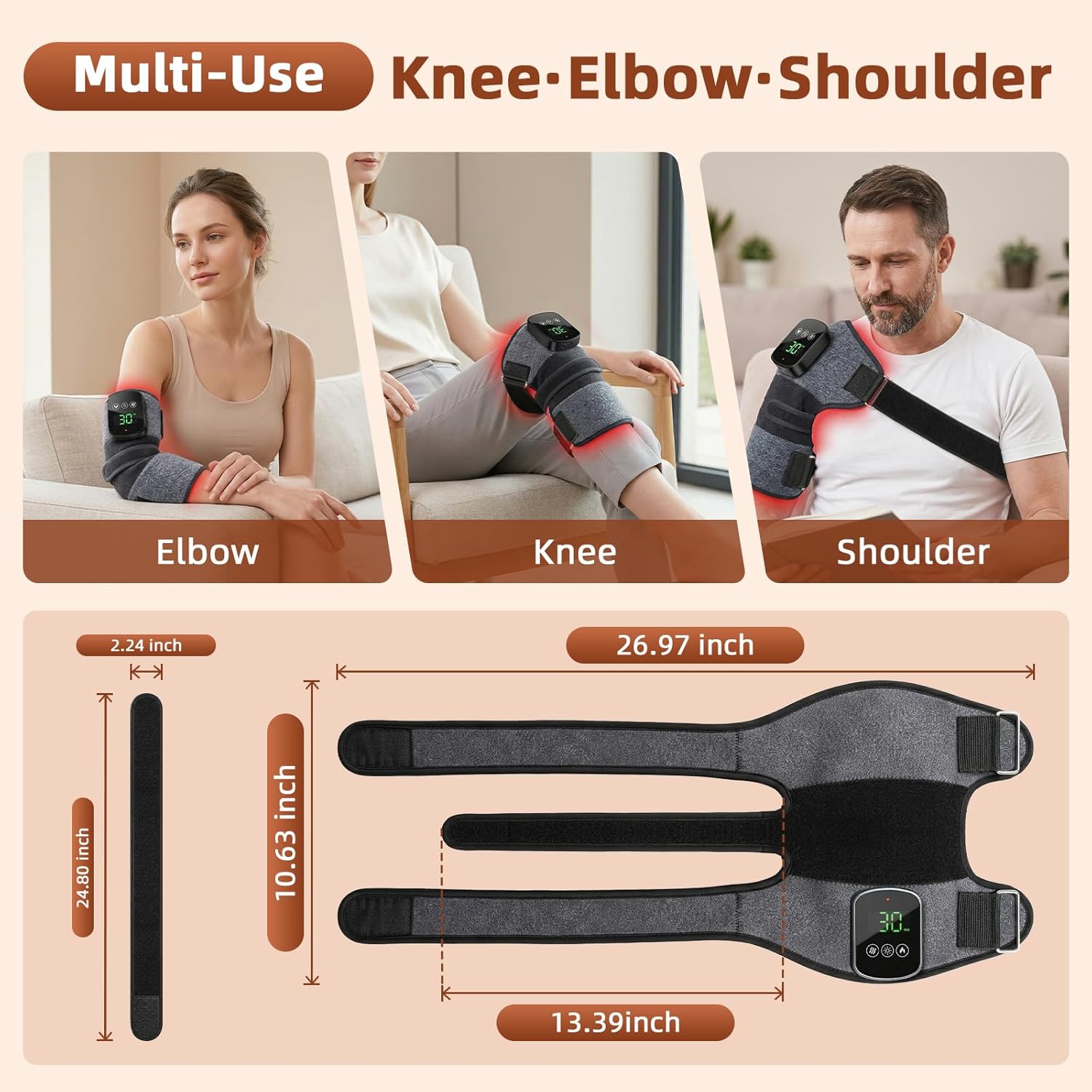 Red Light Therapy Knee Massager with Heat & Vibration, 660nm & 850nm Infrared Light Therapy for Knee, 5000mAh Rechargeable Cordless Heated Knee Brace for Shoulder, Elbow, Leg