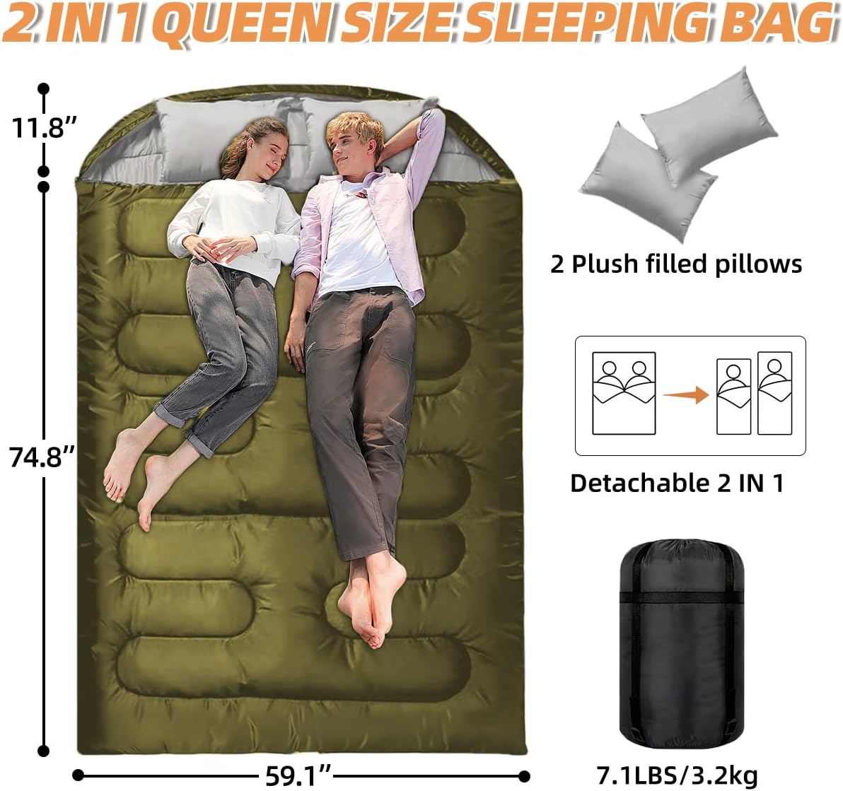 Double Sleeping Bags for Adults, 2 Person Camping Sleeping Bag for Cold & Warm Weather