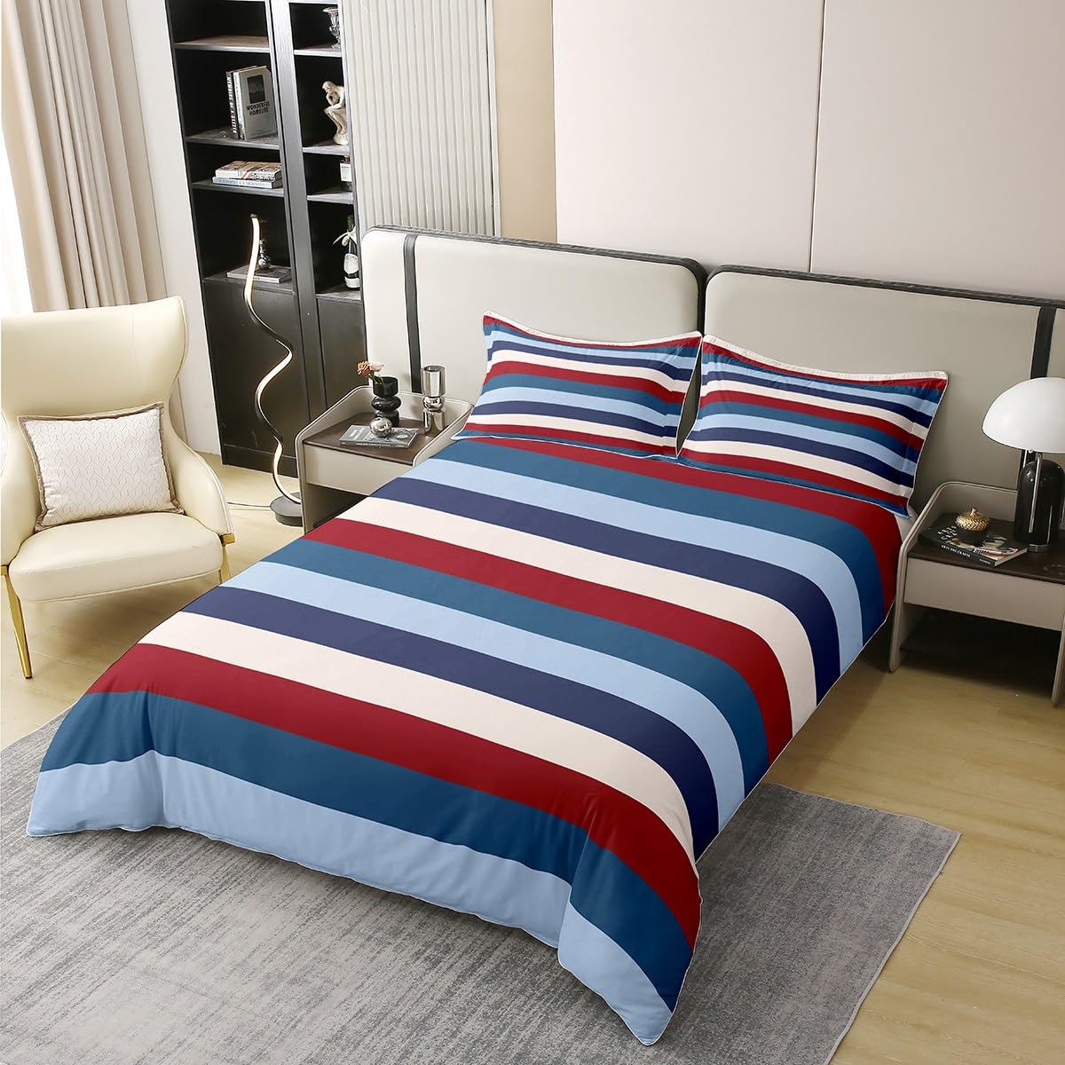 Homewish - Set copripiumino in cotone 100% lavato, motivo a righe bianche e turchesi, colore: blu navy e verde, per letto matrimoniale, con motivo patchwork pastello, biancheria da letto per camera da