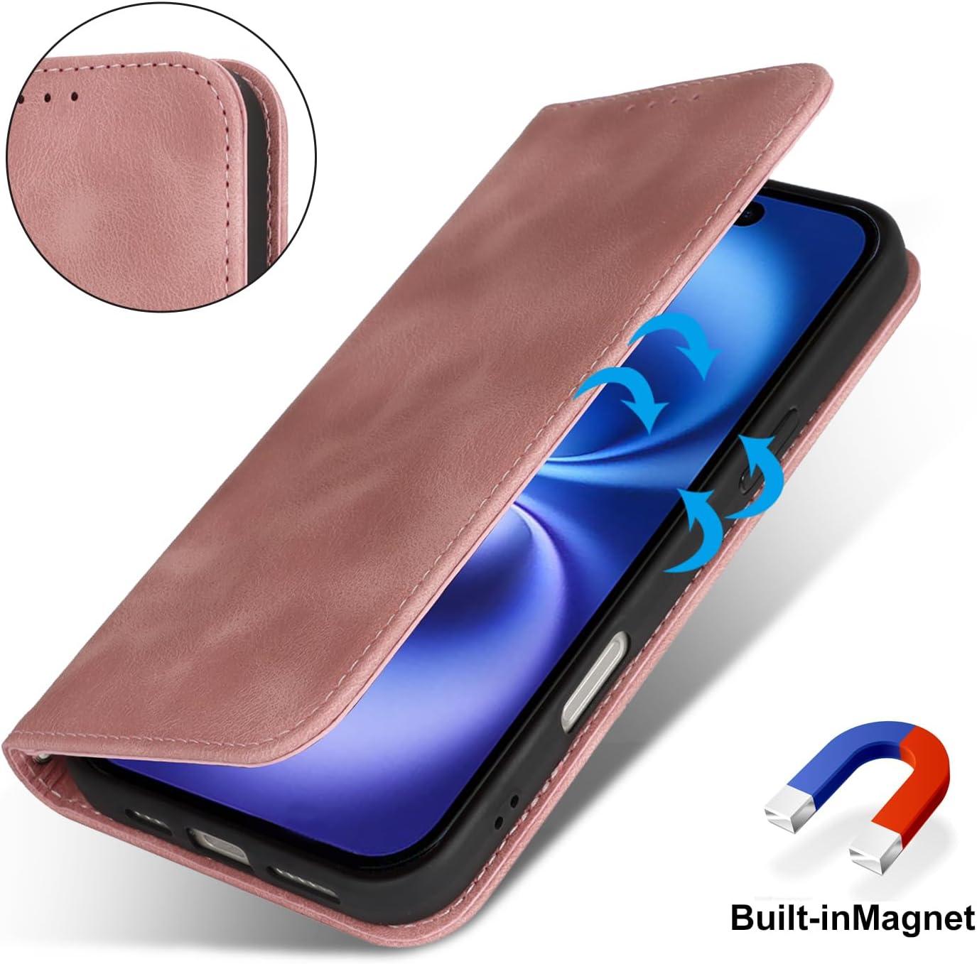 for iPhone 16 Wallet Case for Women,for iPhone 16 Case with Card Holder and Wrist Strap,PU Leather Shockproof Magnetic Kickstand Flip Phone Case-Pink image 3