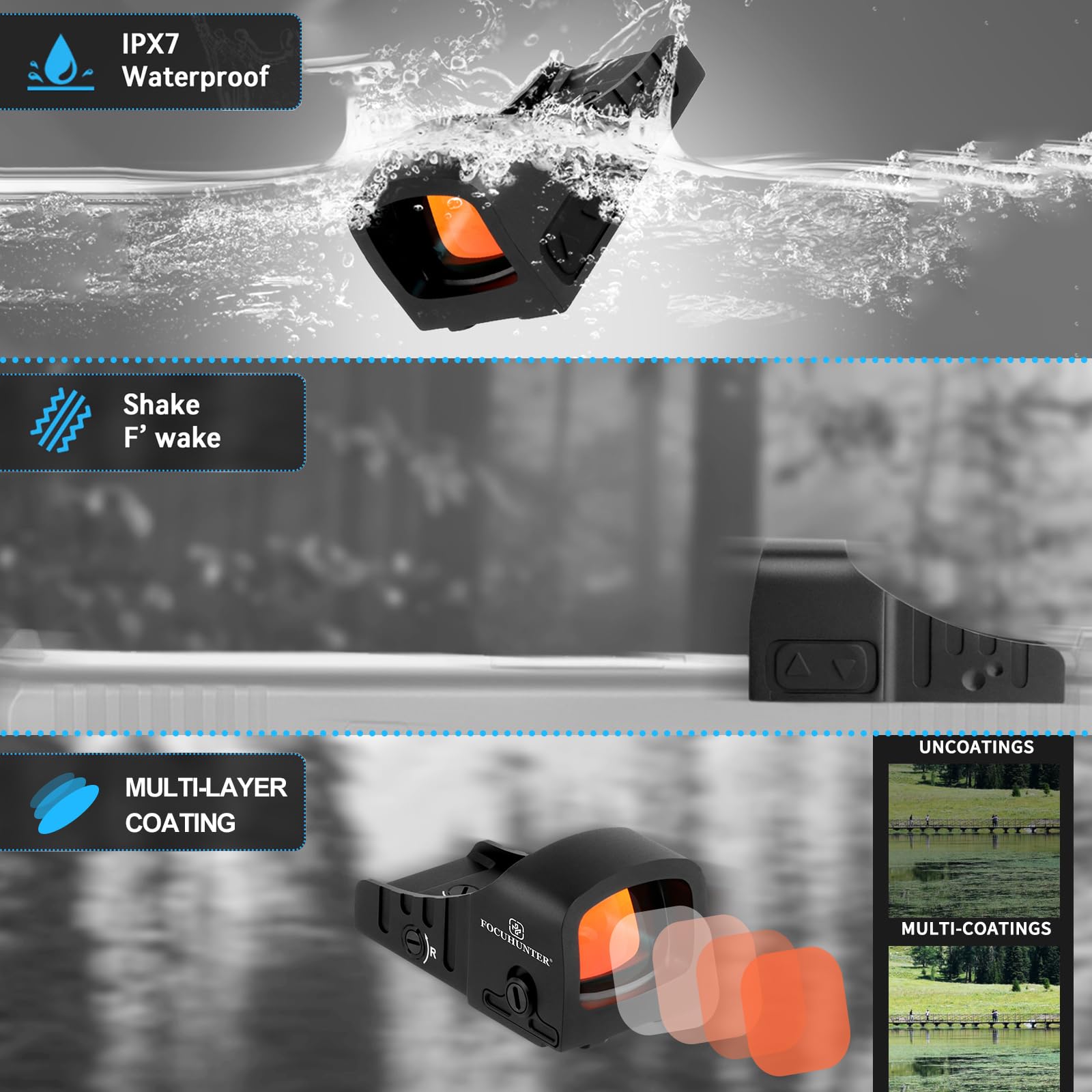 Mirino a punto rosso reflex Optics compatibile con GL MOS, mirino a punto rosso con attivazione Shake Awake da 3 MOA, mirino inferiore Co-Witness da 1/3, impermeabile IPX-7, antiurto 1500G.