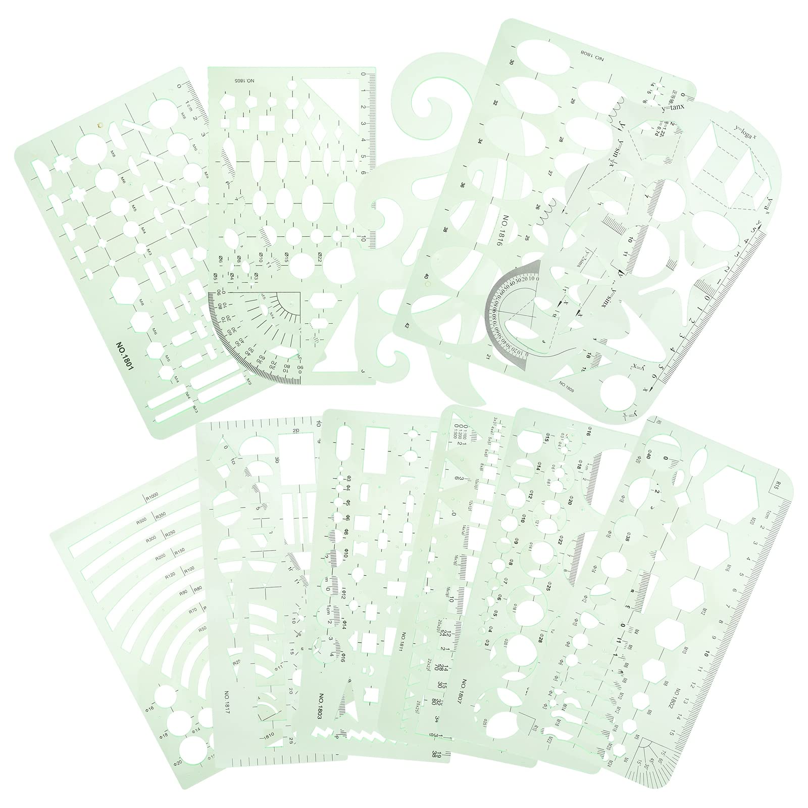 Set di Righelli Geometrici per Studenti Custodia Verde, Righello Multifunzione in Plastica per Misurazioni Precise e Disegno Tecnico a Scuola