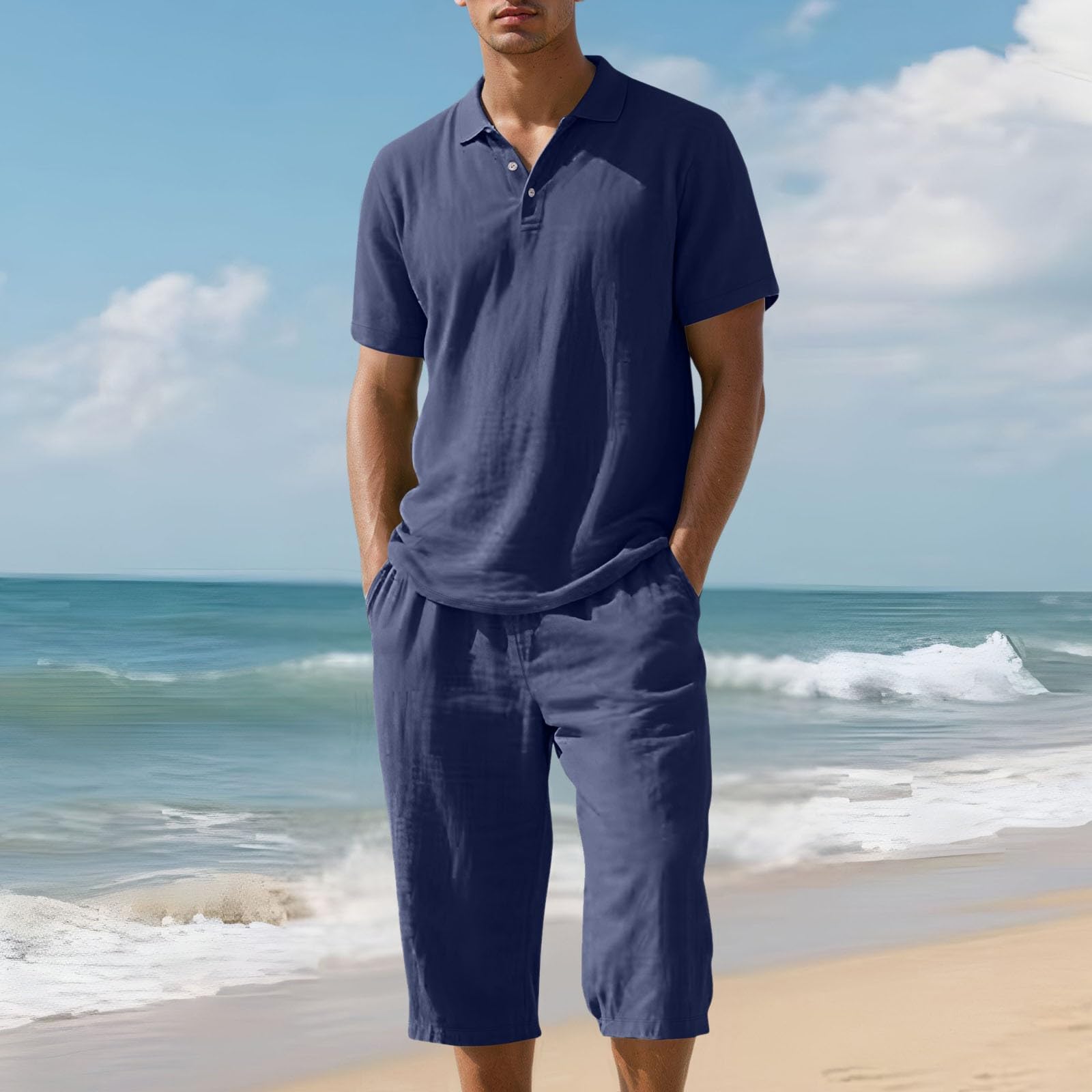 Homme Polo Shirt Manches Courtes et Short Mode 2 Pièce Décontractés Shorts Jogging Fitness Élastique Eté Hommes Casual Coton Et Lin 2 Pièces Mode D'été ConfortableShirt Short 2 Pièces