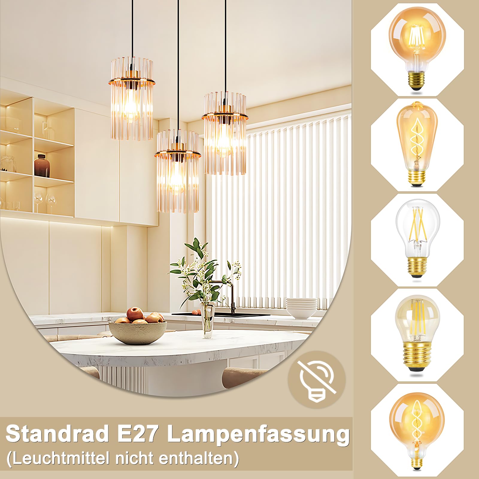 Pendelleuchte 3 Flammig Hängelampe Esstisch - Hängeleuchte Glas Rund E27 Pendellampe Gold für Esszimmer Küche Wohnzimmer Cafe Bar (ohne Leuchtmittel)