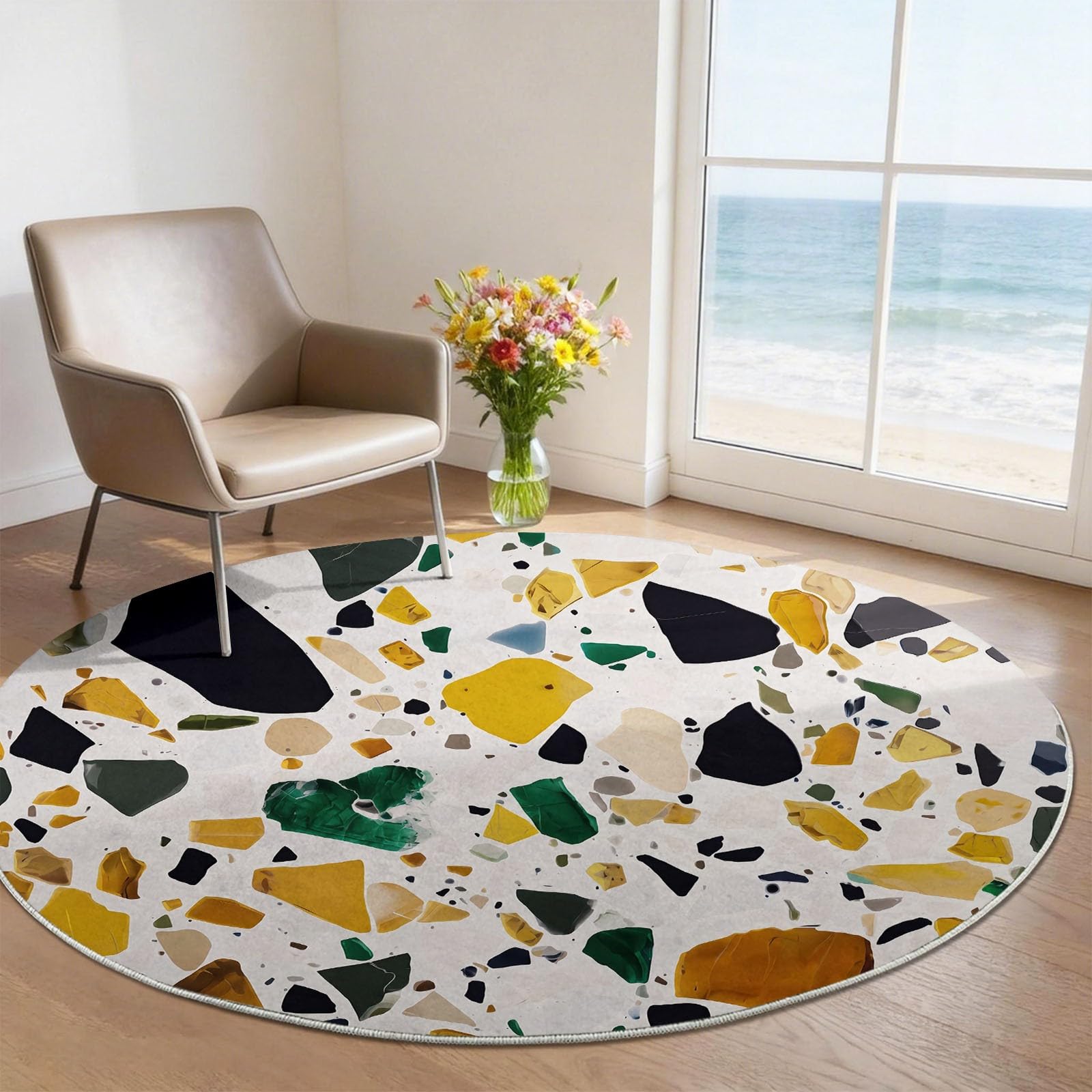 Générique Tappeto rotondo in marmo astratto 160 cm, tappeto lavabile in lavatrice per soggiorno, antiscivolo, stampa frammenti di terrazzo minimalisti moderni per cucina, bianco dorato