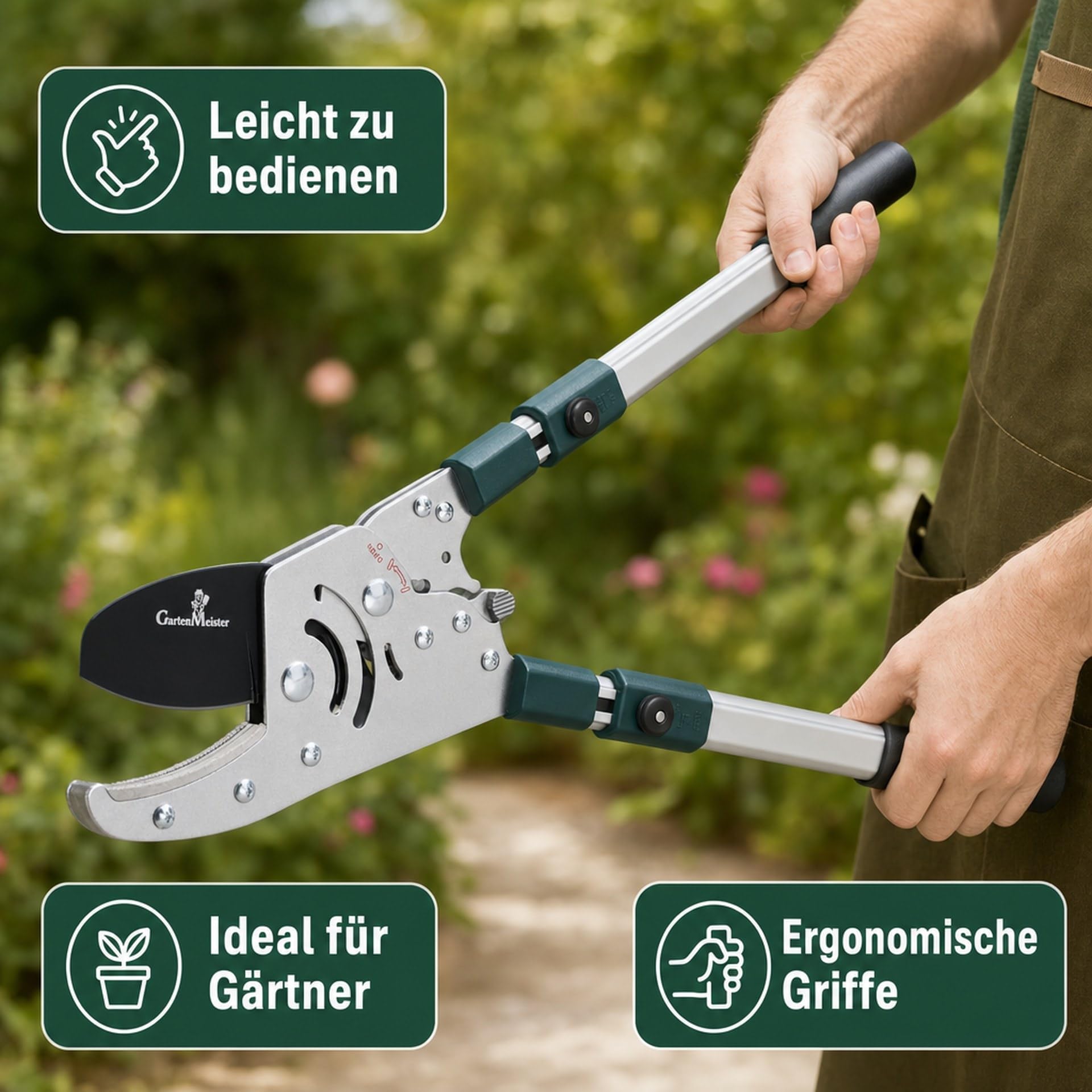 Sekator z ratchetem Amboss Astratschenschere teleskopowy 50 mm cięcia, hartowane ostrza, antypoślizgowe uchwyty, lekki 1890 g do grubych gałęzi w ogrodzie