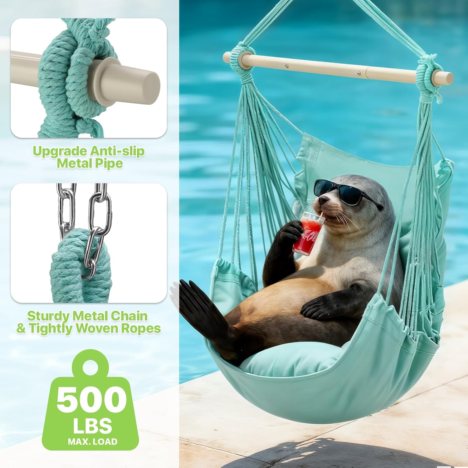 Magshion Hammock Swing Chair with Pocket, Large Macrame Hanging Chair for Indoor & Outdoor Use, 2 Pillows Included, 350 lbs Capacity Rope Swing for Adults, Sea Green