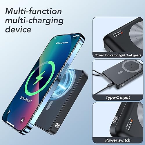 Miniatura 3 de HUOTO Cargador de energía magnético, cargador portátil inalámbrico de 10000 mAh, cables USB C, carga rápida para teléfonos, batería de carga rápida