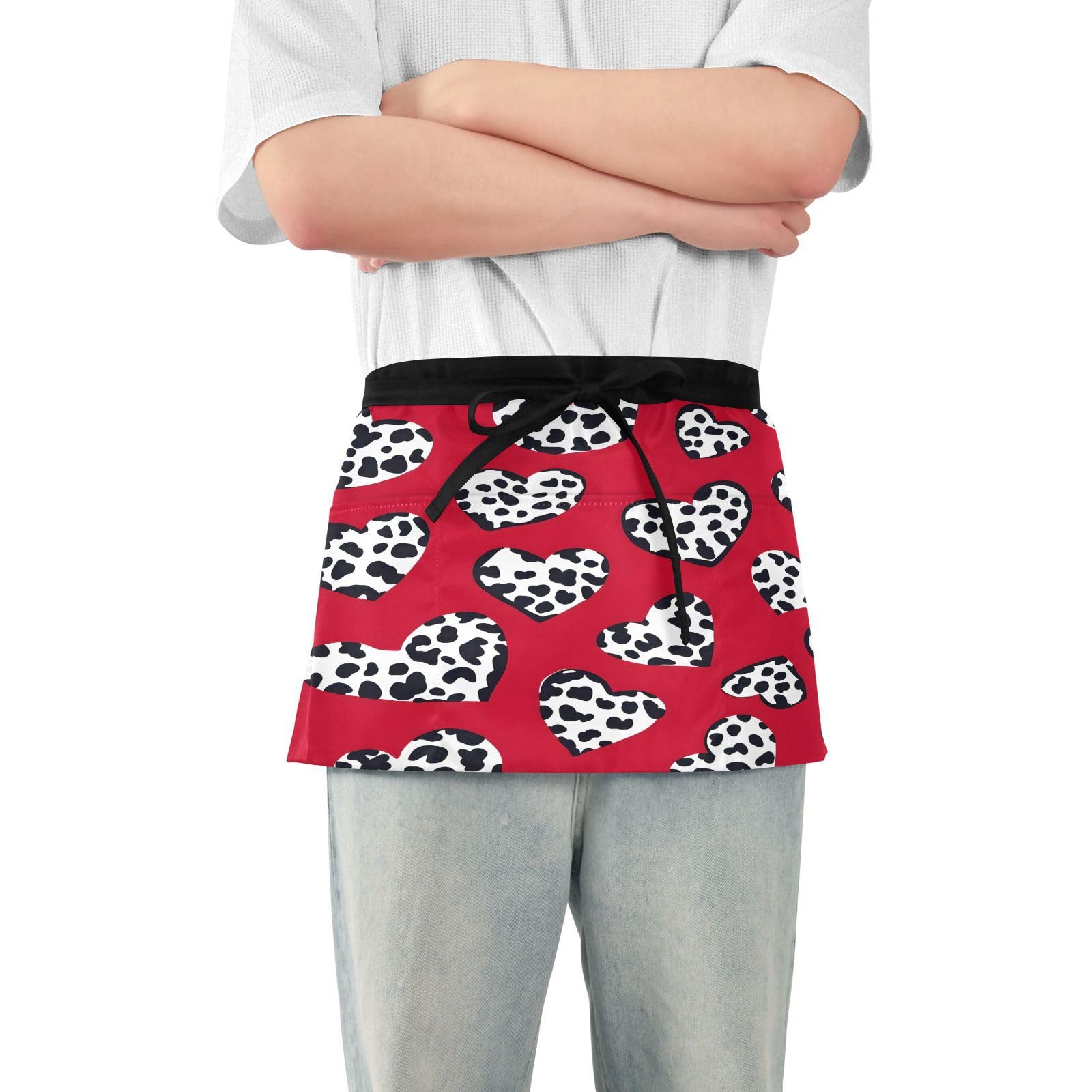 Kigai Heart Leopard Server Aprons for Men Women Water & Oil Resistant Waitress Waiter Waist Apron with 3 Pockets