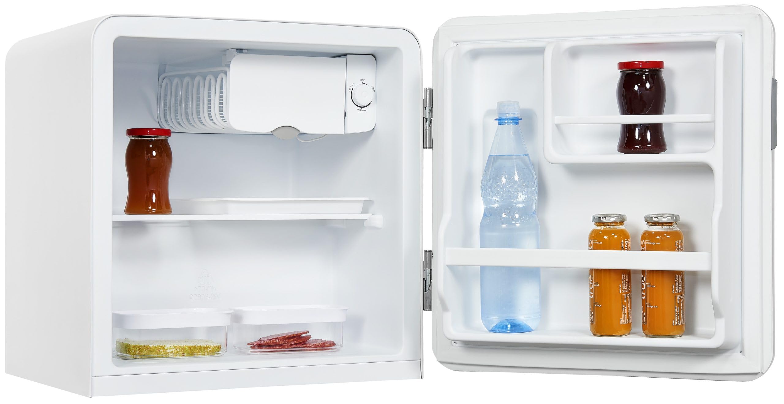 Exquisit Mini-Kühlschrank CKB45-0-031F Weiß - 47 L Minibar - Retro-Design | Kompakter Hotelkühlschrank mit Glasablage und 0-Sterne-Fach, ideal für Getränke und Snacks, freistehende Bauart in Weiß