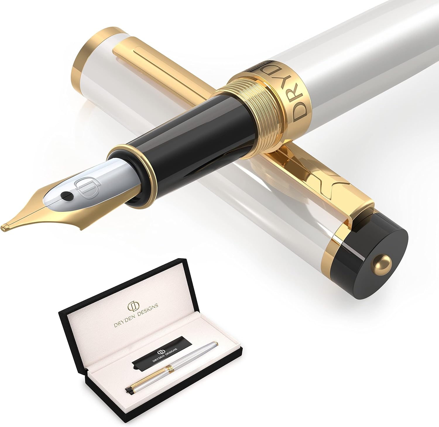 Dryden Designs Fountain Pen. Medium Nib Premium Box | 6 Ink Cartridges Included (Pearl White)