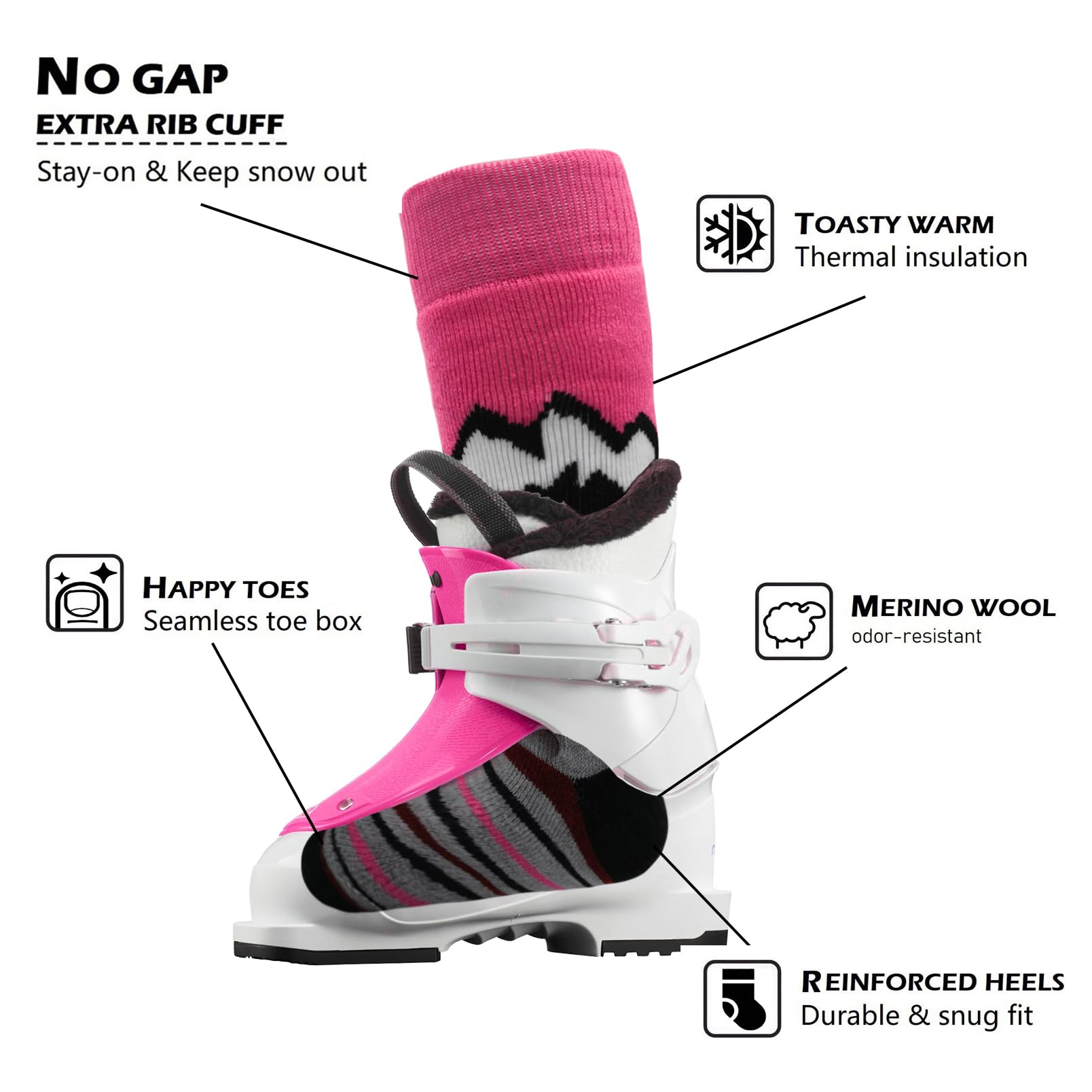 Highcamp Kids Merino Wool Ski Snowboard Socks Boy Girl Toddler Winter Snow Socks- 2 Pairs