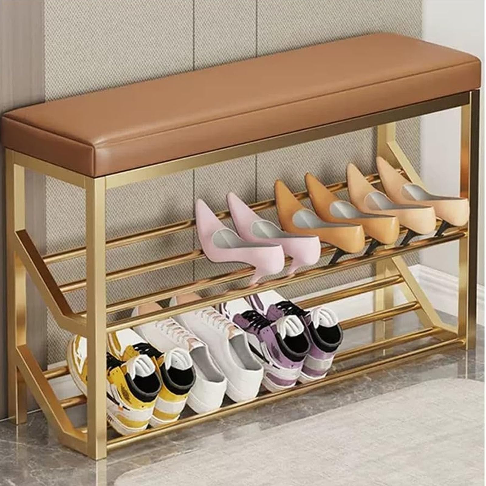 WJFTODAY 2 Tier Shoe Rack Bench with Metal Storage Shelves Industrial Entryway Stand with Seat Gold & Brown Perfect for Shoes Entryway Hallway Size: 100x20x48cm