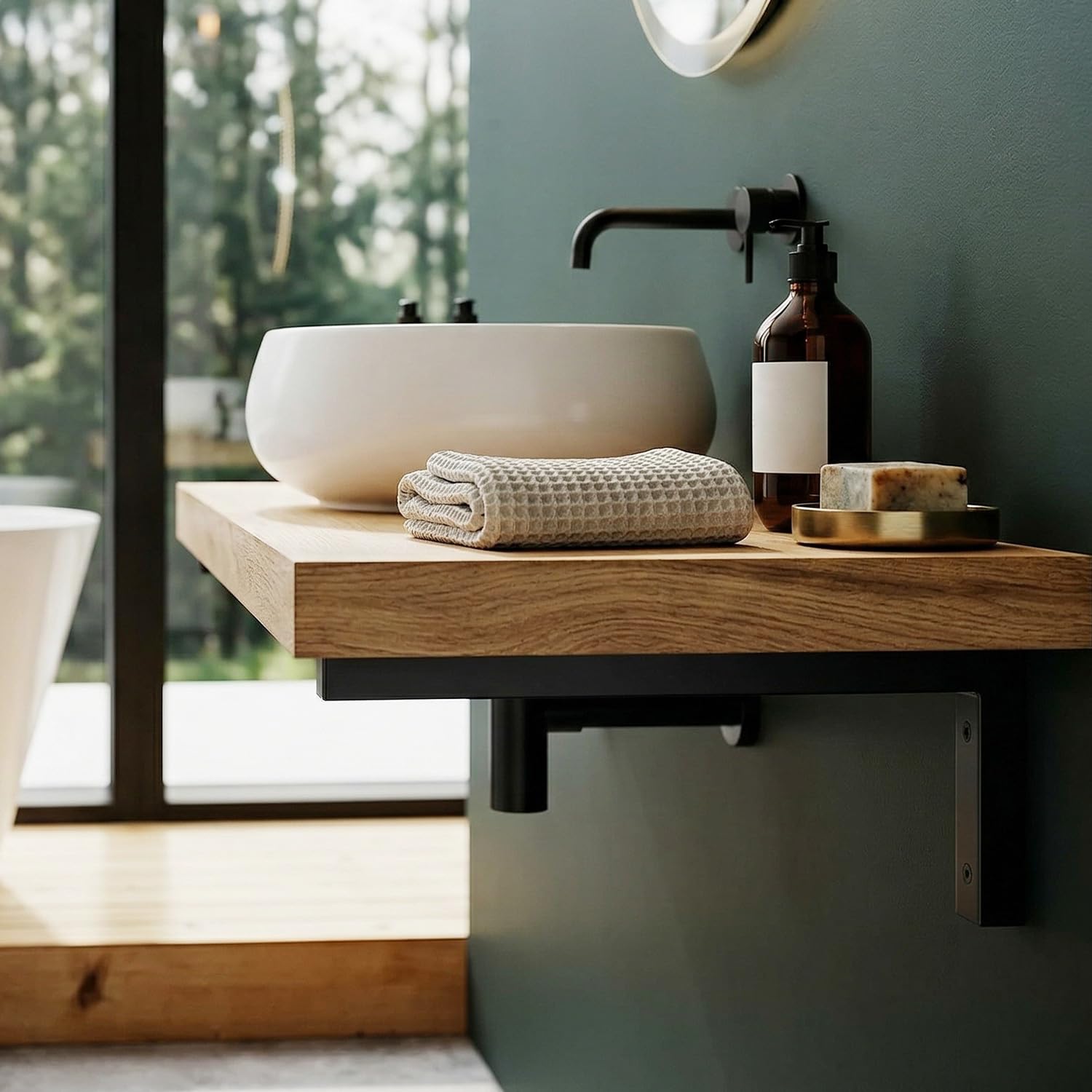 QWORK® 2x consola de metal resistente para lavabo, consola de pared angular de alta resistencia de 350 x 150 mm con material de fijación para lavabo y estante de pared - negro