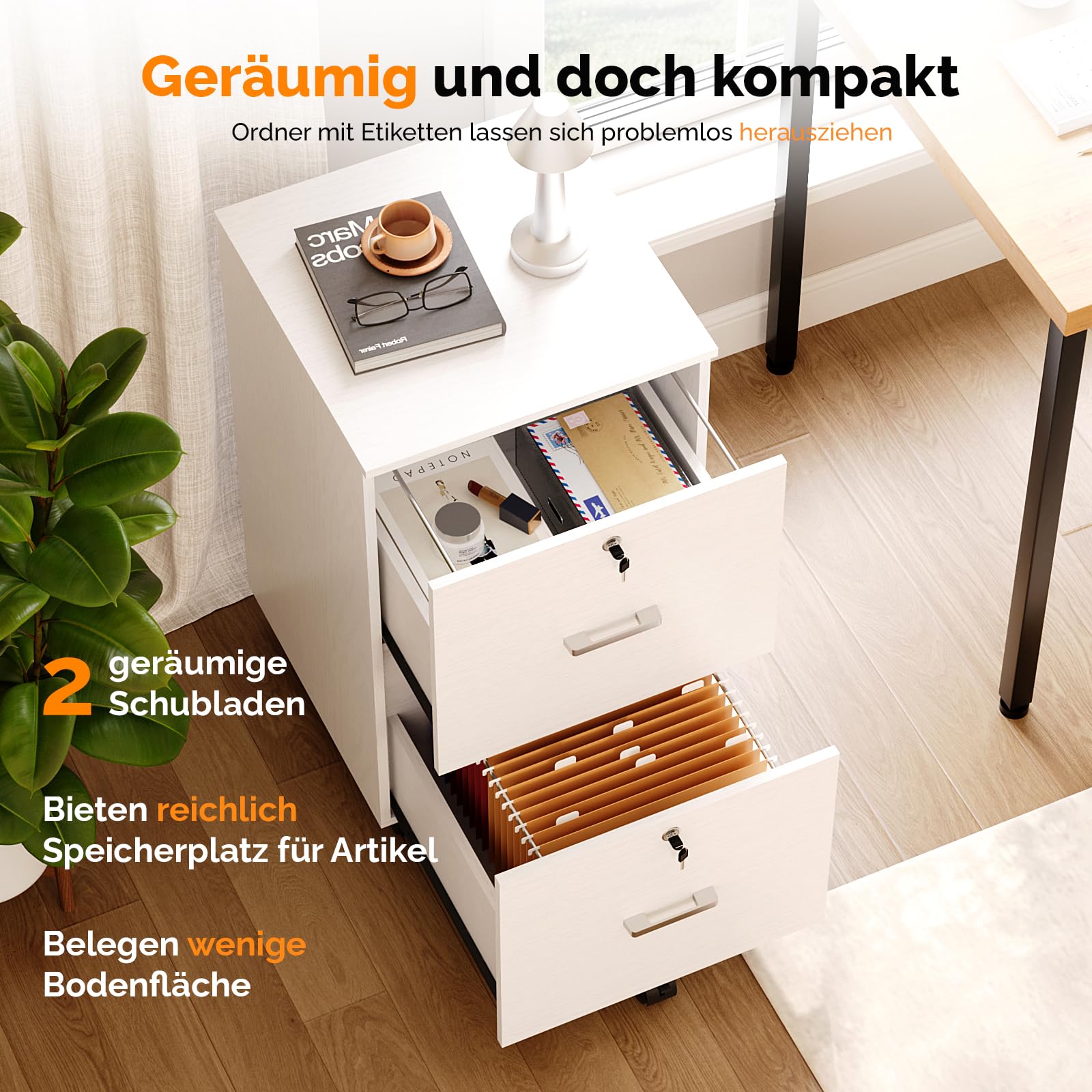 Bonnlo mobiler Aktenschrank 2 Schubladen für Büro, Homeoffice, weiß, Holz