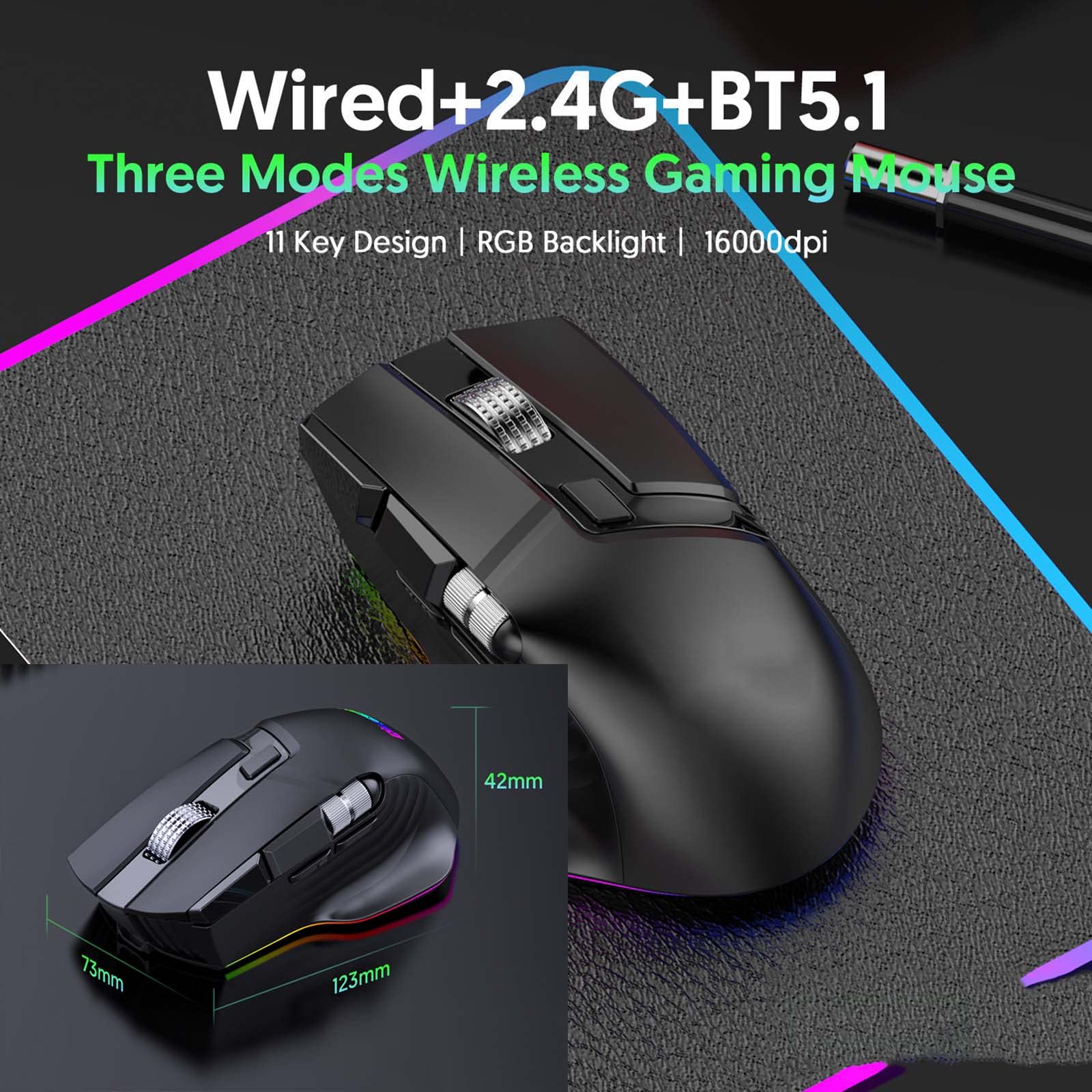 JUSHZ Mouse Wireless Ricaricabile Ergonomico Senza Fili Usb Cablato Fotoelettrico Doppio Rullo USB Regolazione A Sei Velocità Da 16000 Dpi (123x73x42MM,black)