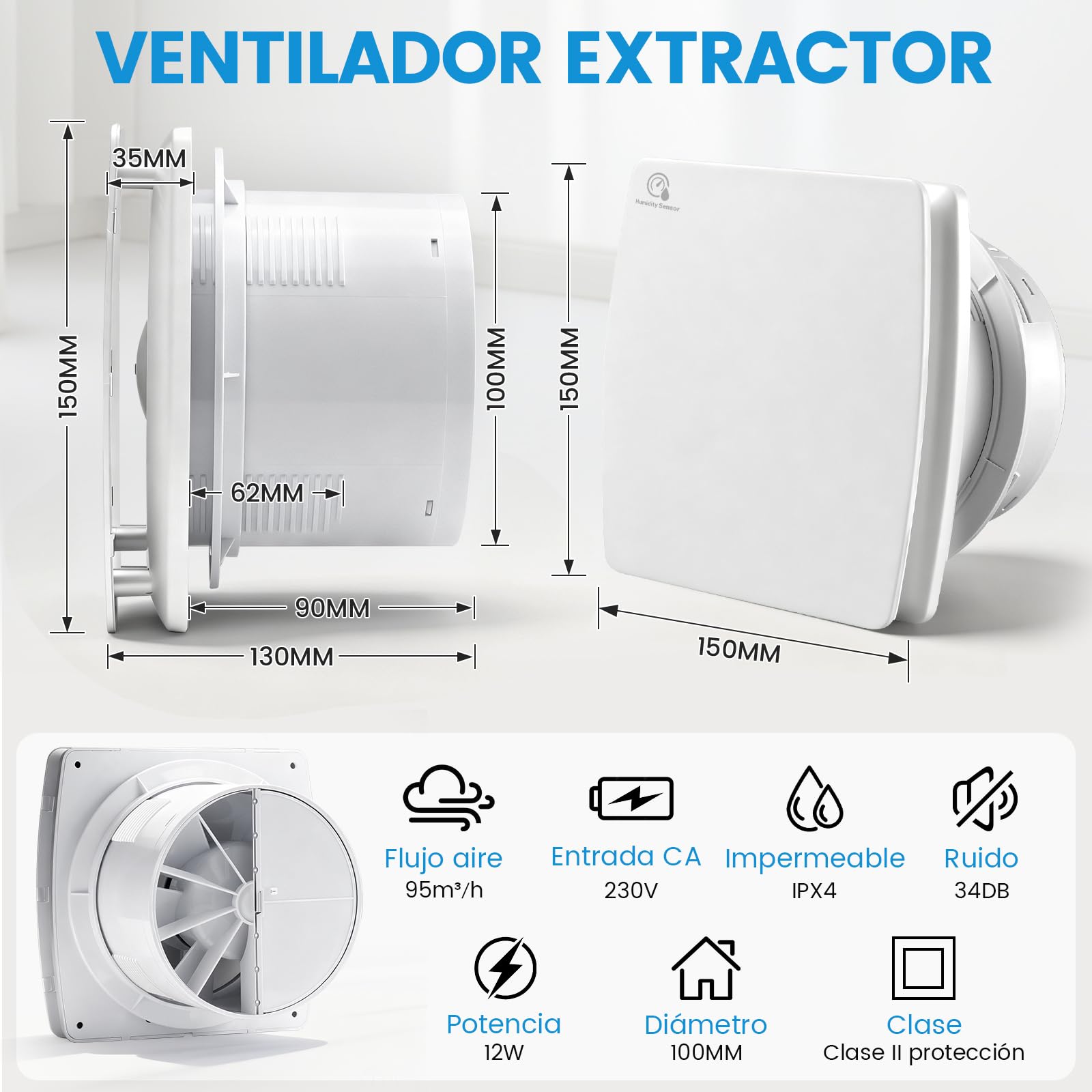 100 mm Extractor de aire silencioso de higrostato y temporizador VMC cuarto de baño | Ventilador de baño de 12 W, 95 m³/h ≤34 dB IPX4 2400 RPM, válvula antirretorno de pared o techo – WC, oficina, cocina, blanco