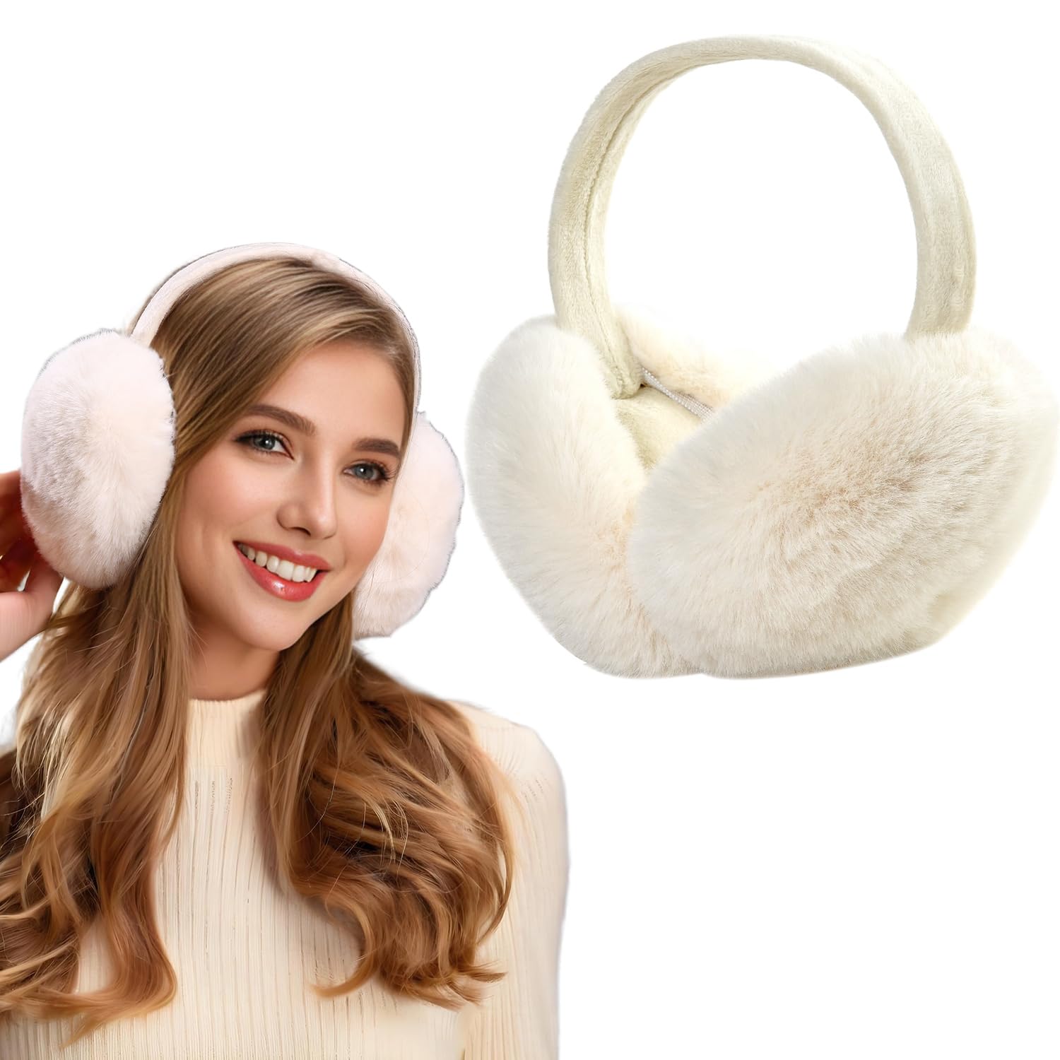 Dwenarry Women's White Earmuffs Winter Ear Muffs For Faux Fur Foldable Ear Warmers Covers For Cold Weather 1Pack
