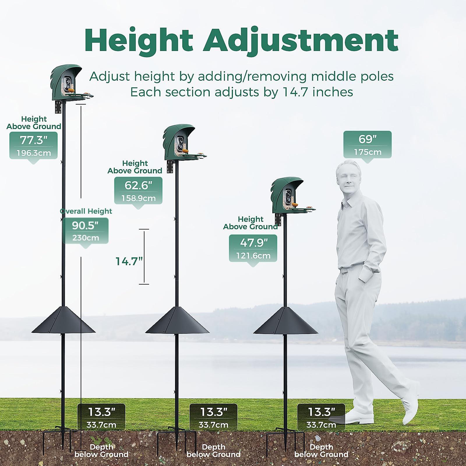 Bird Feeder Pole with Squirrel Baffle- 91 Inch Heavy Duty Adjustable Outdoor Bird House Pole,Universal Mount for All Smart Bird Feeders&Houses, Customizable Height(Adapter Included) - 3