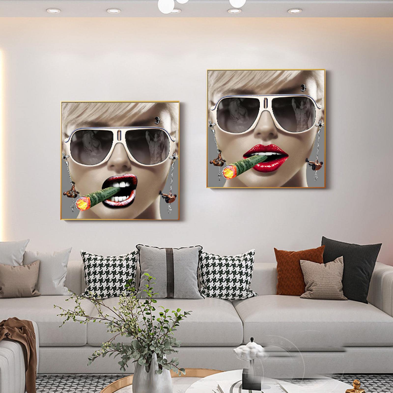 Chica de moda Dama Estilo exagerado Lienzo Pintura Carteles de pared Impresión de arte Imágenes Sala de estar Casa Decoración para el hogar 50x50x2cm Marco interno