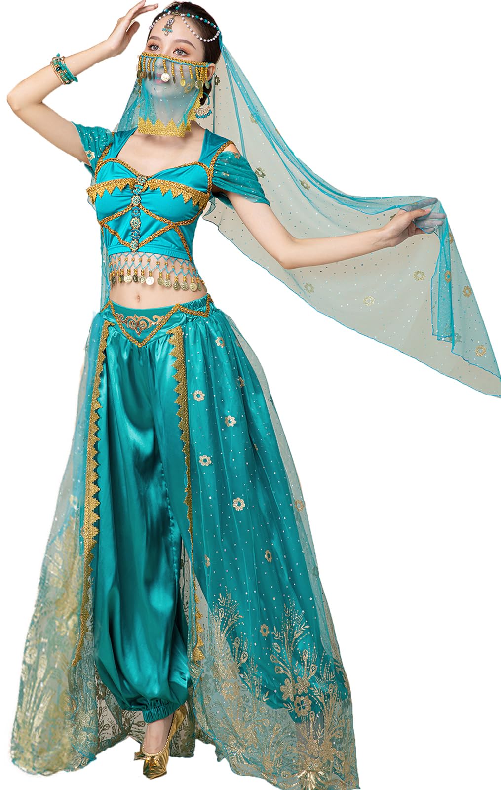 ORIDOOR Damen New Aladdin Jasmin Prinzessin Bauchtanz Halloween Kostüm Set Bauchtanz für Dress Up Party 5-teiliges Outfit