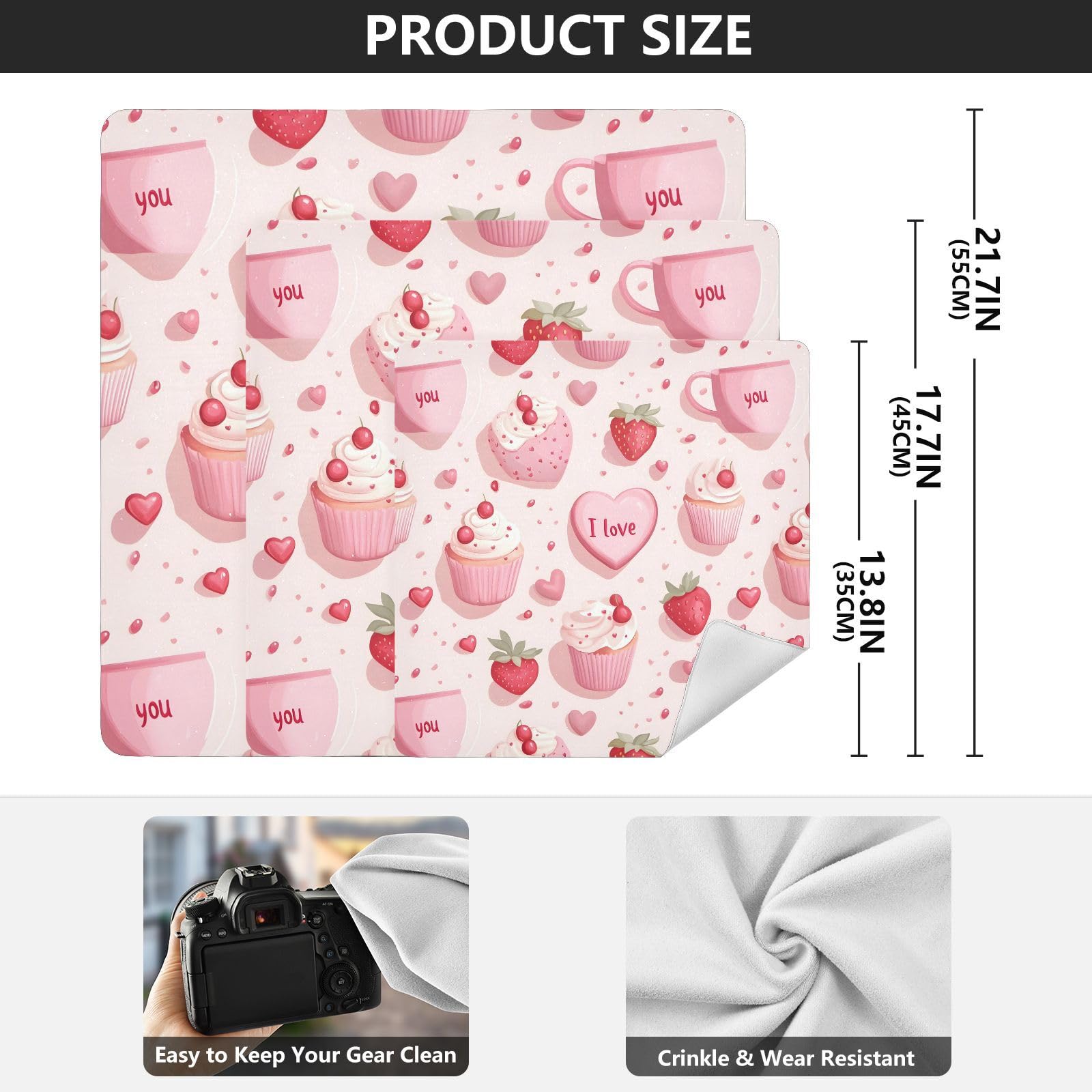 ODAWA Cute Cakes Cupcakes Strawberries Self-adhesive Cloth 13.8X13.8 Inch Magic Self-adhesive Storage Protective Cloth for Camera, Lens, Laptop