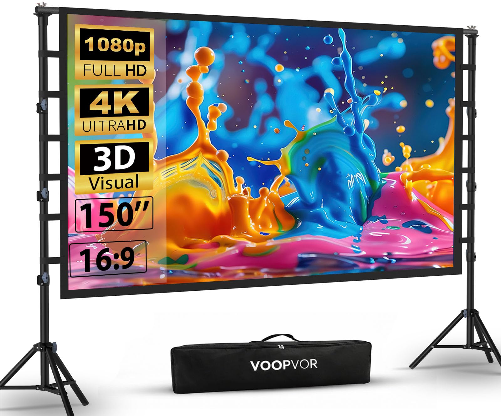 Écran de Projection d'extérieur avec trépied 150": écran intérieur arrière Avant 16:9 4K HD, avec Sac de Transport, Support réglable en Hauteur pour