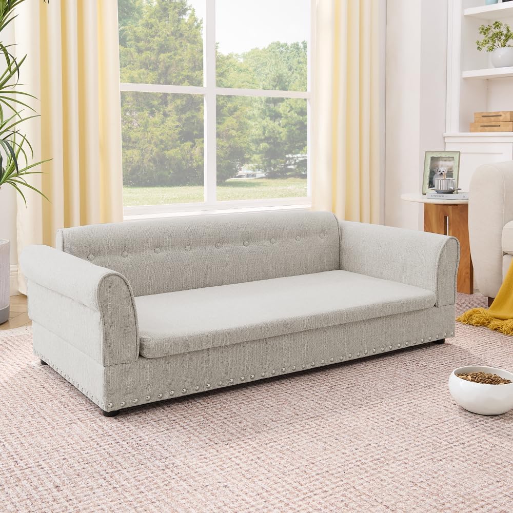 Oversized Pet Sofa Elegant Modern Linen Fabric Dog Bed Comfortable Rectangular Pet Bed with Backrest Armrest for Large Oversized Dogs (Beige)