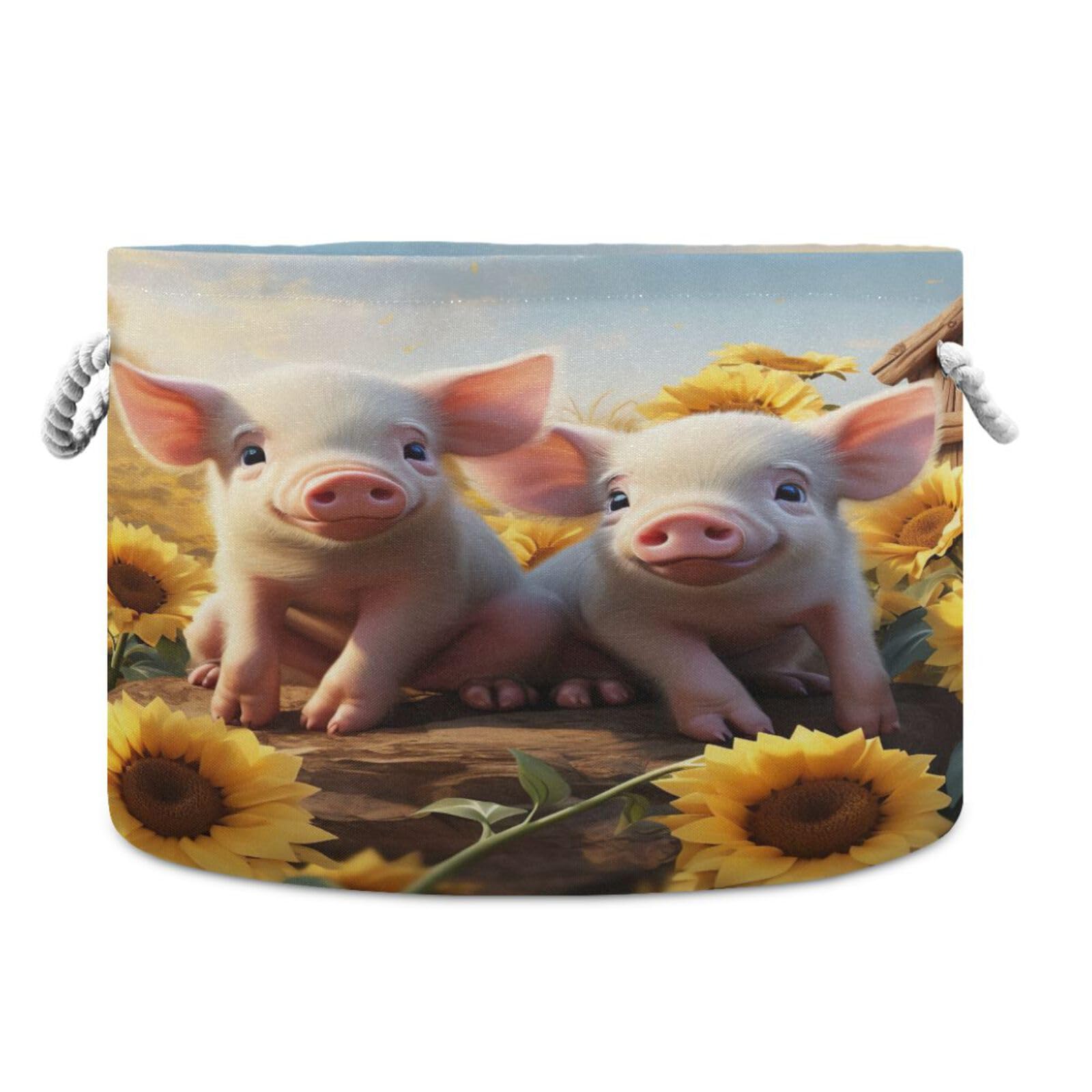 Round Cute Piglets Sunflower Storage Basket Large Organizer Bin Laundry Hamper Toy Storage Basket with Handle for Nursery Clothes Toys 202b4147