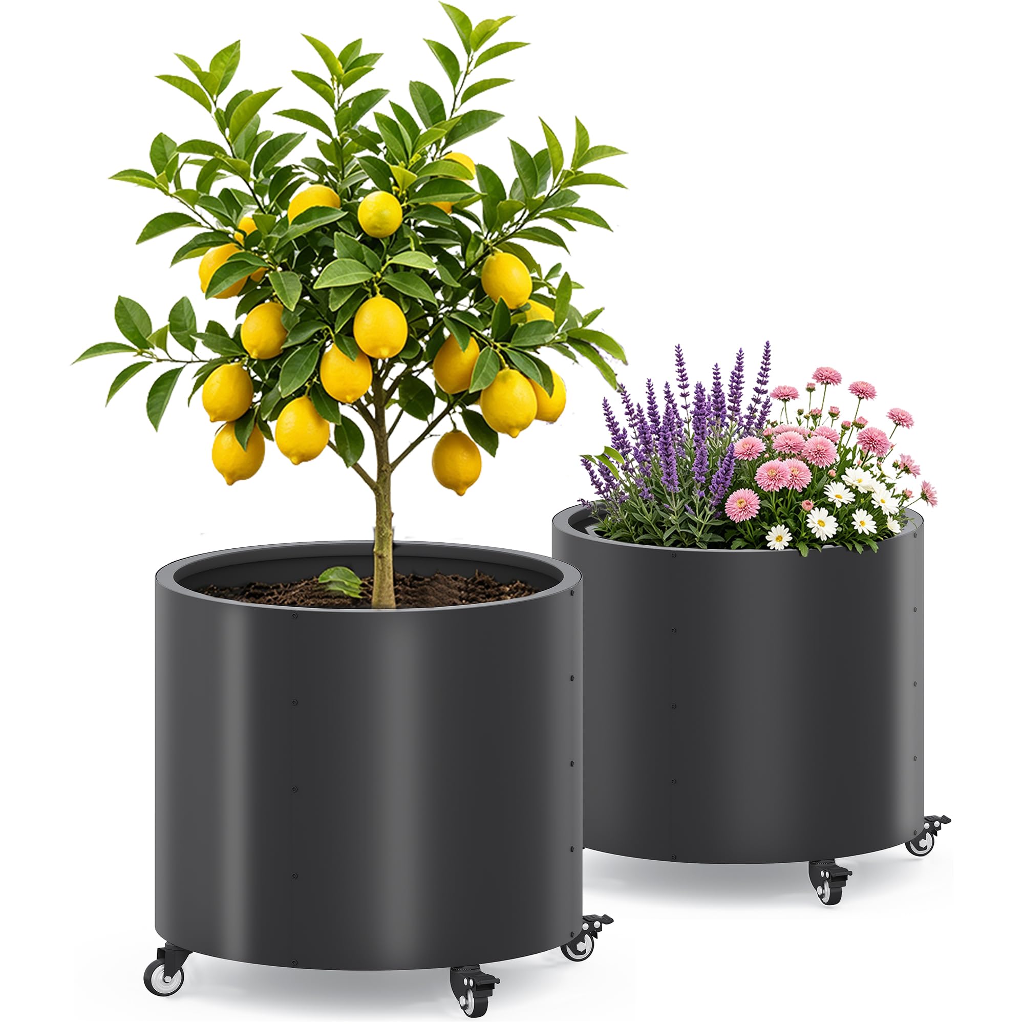 Macetas grandes para exteriores, Ø 61 * 56 cm de alto, de metal con ruedas, 150L para árboles de limón y verduras, 4 agujeros de drenaje para el balcón, jardín (2 piezas)