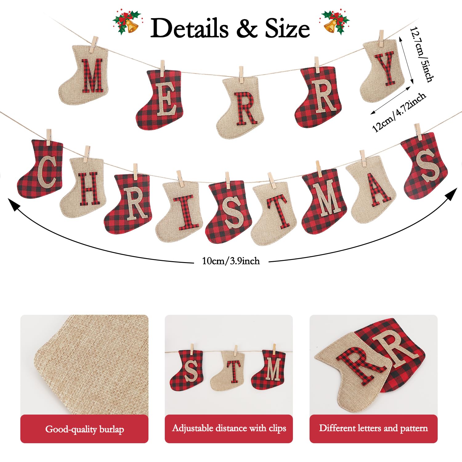 OWill Merry Christmas Banners Indoor Sock Shaped, Burlap Banners Hanging Decorations for Christmas Party Wall Door Fireplace and Tree - Image 2