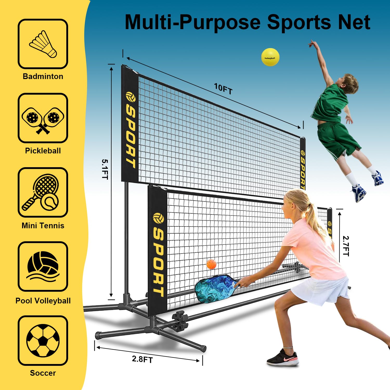 Mini rete da tennis portatile da 3 m con palla da pallavolo in gomma, pompa e borsa per il trasporto. Altezza regolabile 7,8 m, per rete da badminton, rete da pallavolo, rete da calcio, rete